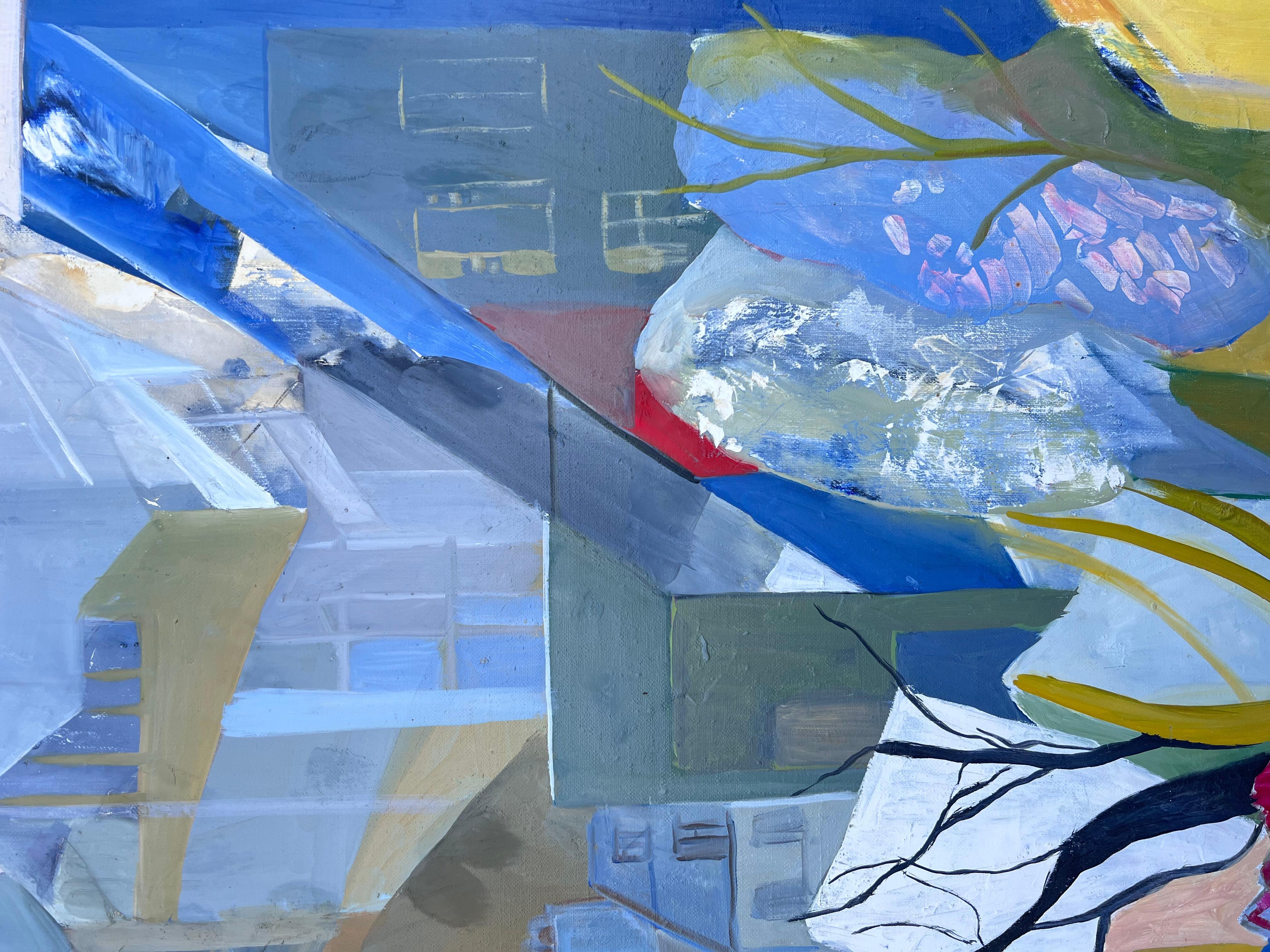 Huge French Contemporary Modernist Abstraktes Ölgemälde Urban Garden Landschaft (Blau), Landscape Painting, von Jacqueline Verdet (1931-2023)