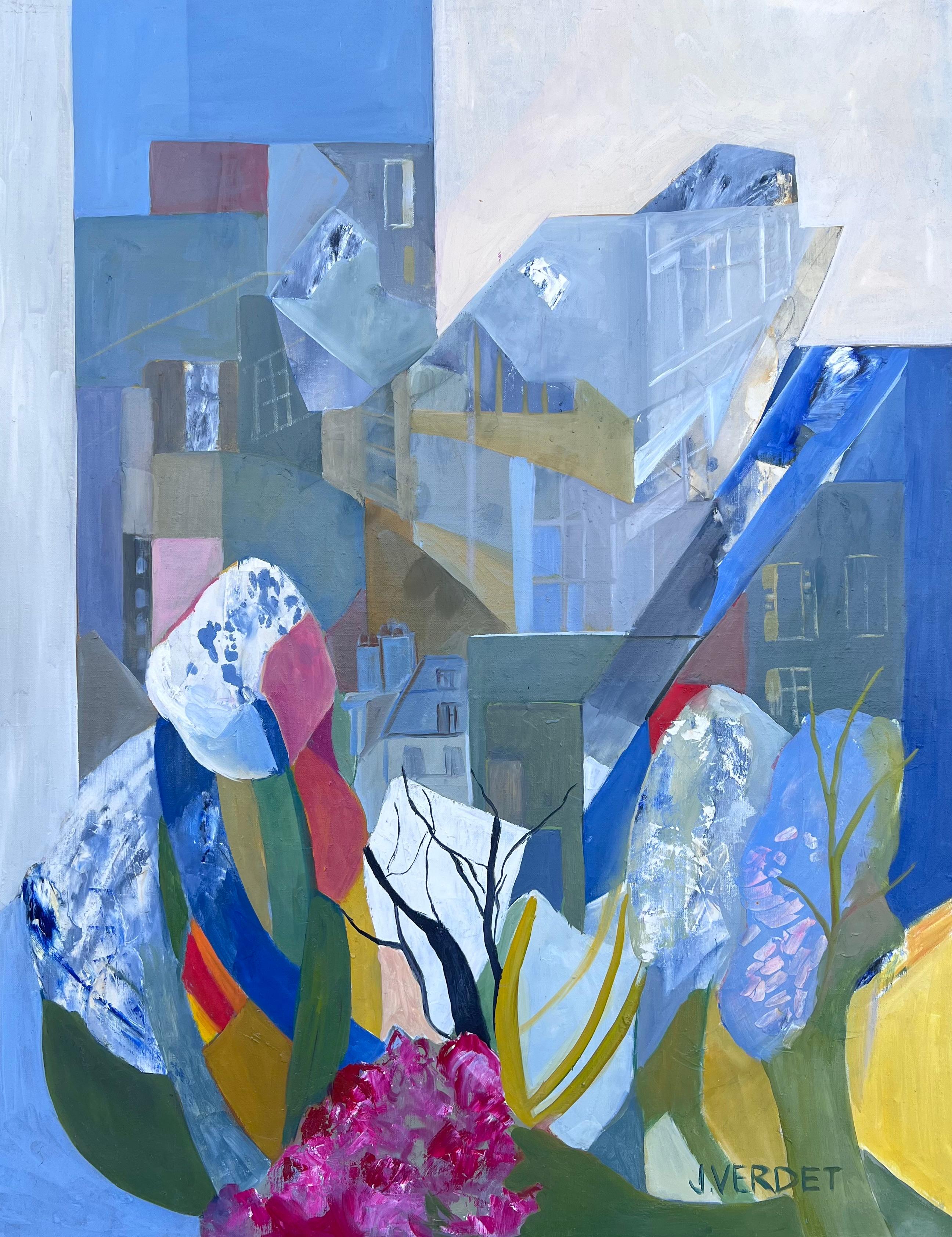 Jacqueline Verdet (1931-2023) Landscape Painting – Huge French Contemporary Modernist Abstraktes Ölgemälde Urban Garden Landschaft