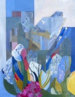 Huge French Contemporary Modernist Abstract Oil Painting Urban Garden Landscape