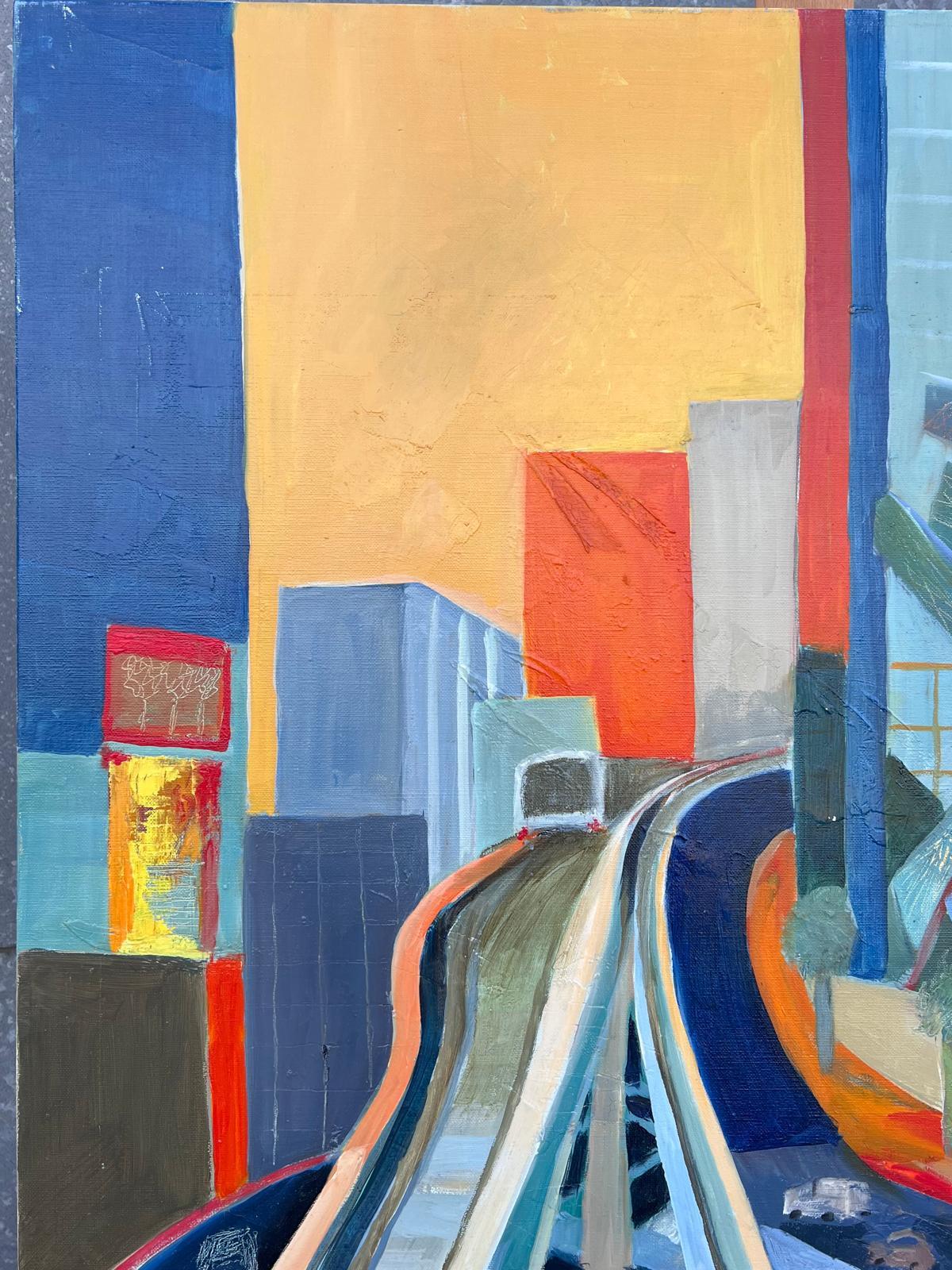 Riesiges französisches modernistisches abstraktes Ölgemälde Urbaner Dschungel (Blau), Abstract Painting, von Jacqueline Verdet (1931-2023)