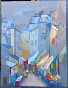 Riesiges französisches zeitgenössisches modernistisches farbenfrohes Marktszenen-Ölgemälde