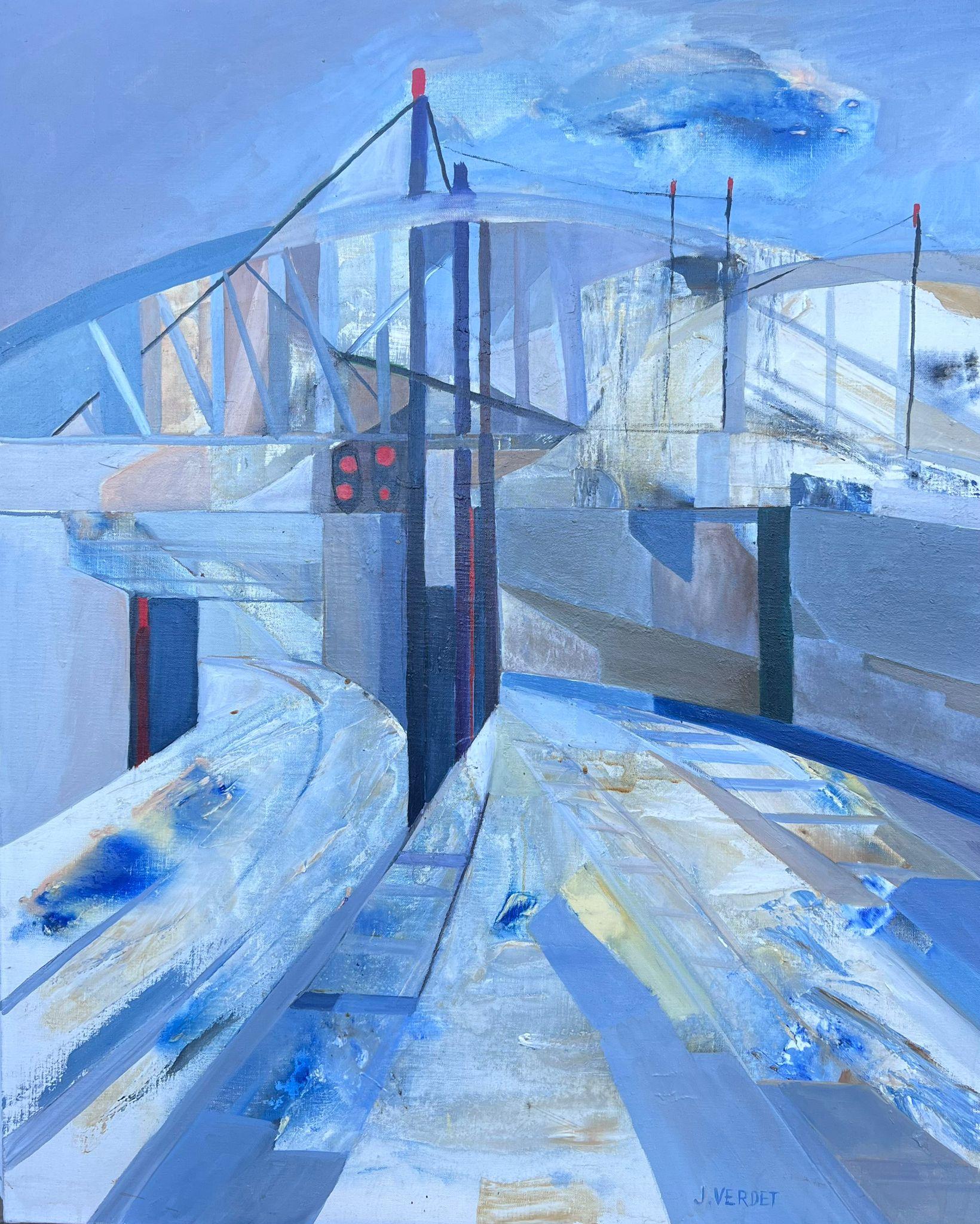 Huge French Contemporary Modernist Oil Painting Abstract Blue Bridge Scene