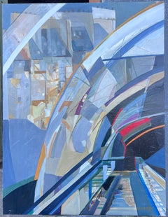 Huge French Contemporary Modernist Train Track Tunnel Abstract Oil Painting