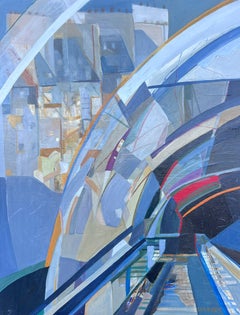 Huge French Contemporary Modernist Train Track Tunnel Abstract Oil Painting