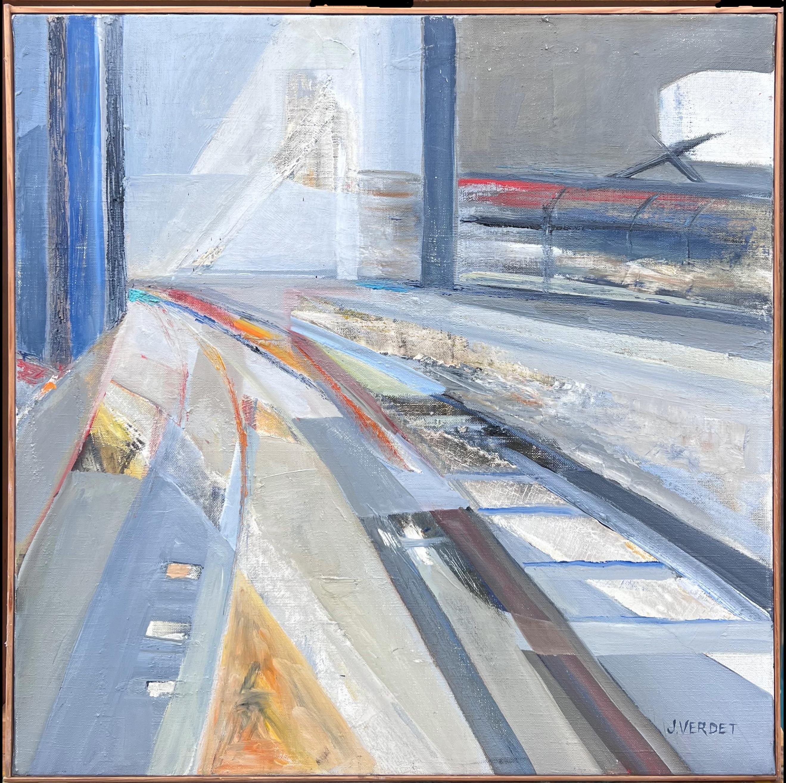 Großes französisches zeitgenössisches modernistisches abstraktes Stadtbild Futuristisches Ölgemälde – Painting von Jacqueline Verdet (1931-2023)