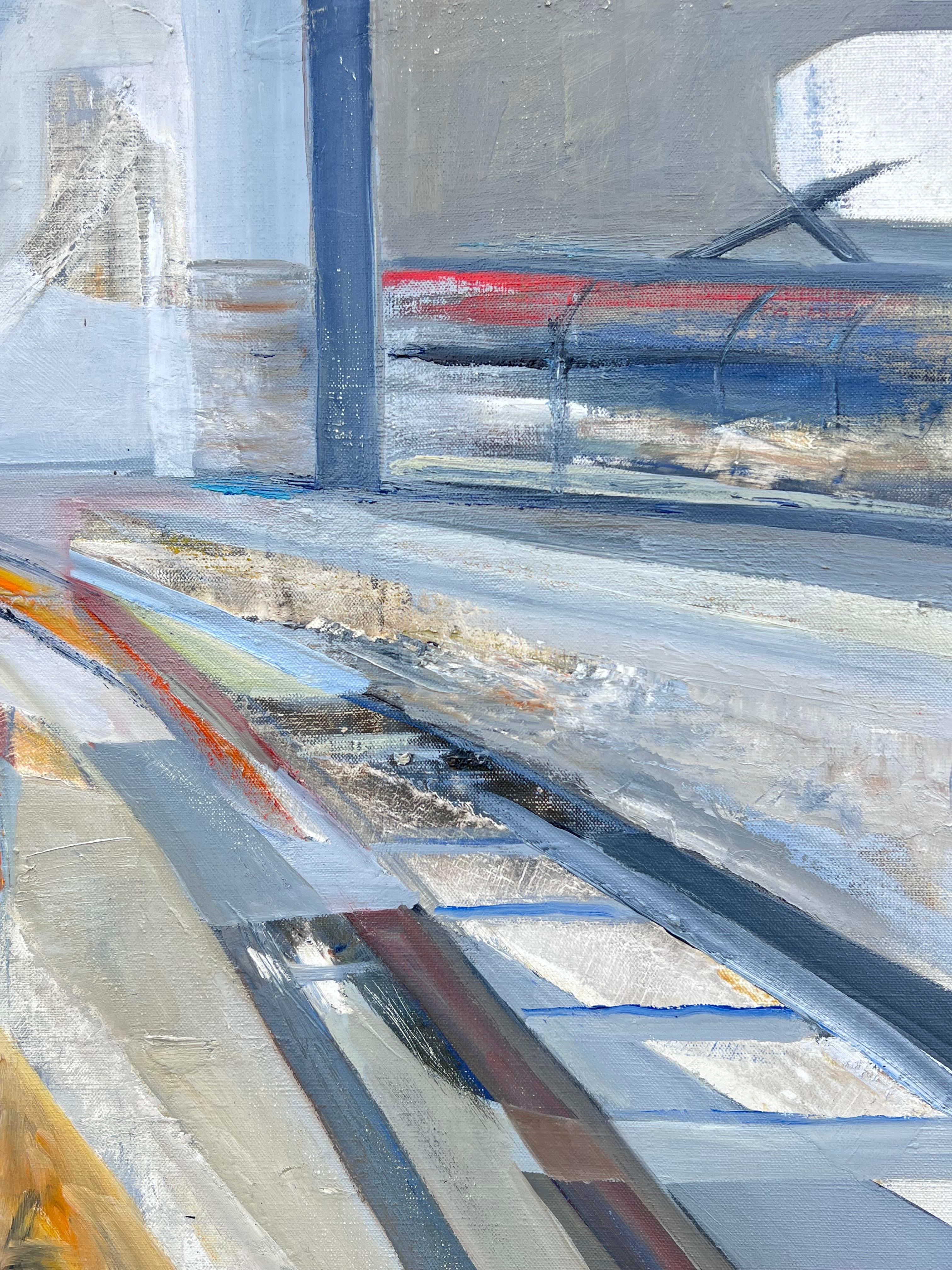 Großes französisches zeitgenössisches modernistisches abstraktes Stadtbild Futuristisches Ölgemälde (Geometrische Abstraktion), Painting, von Jacqueline Verdet (1931-2023)
