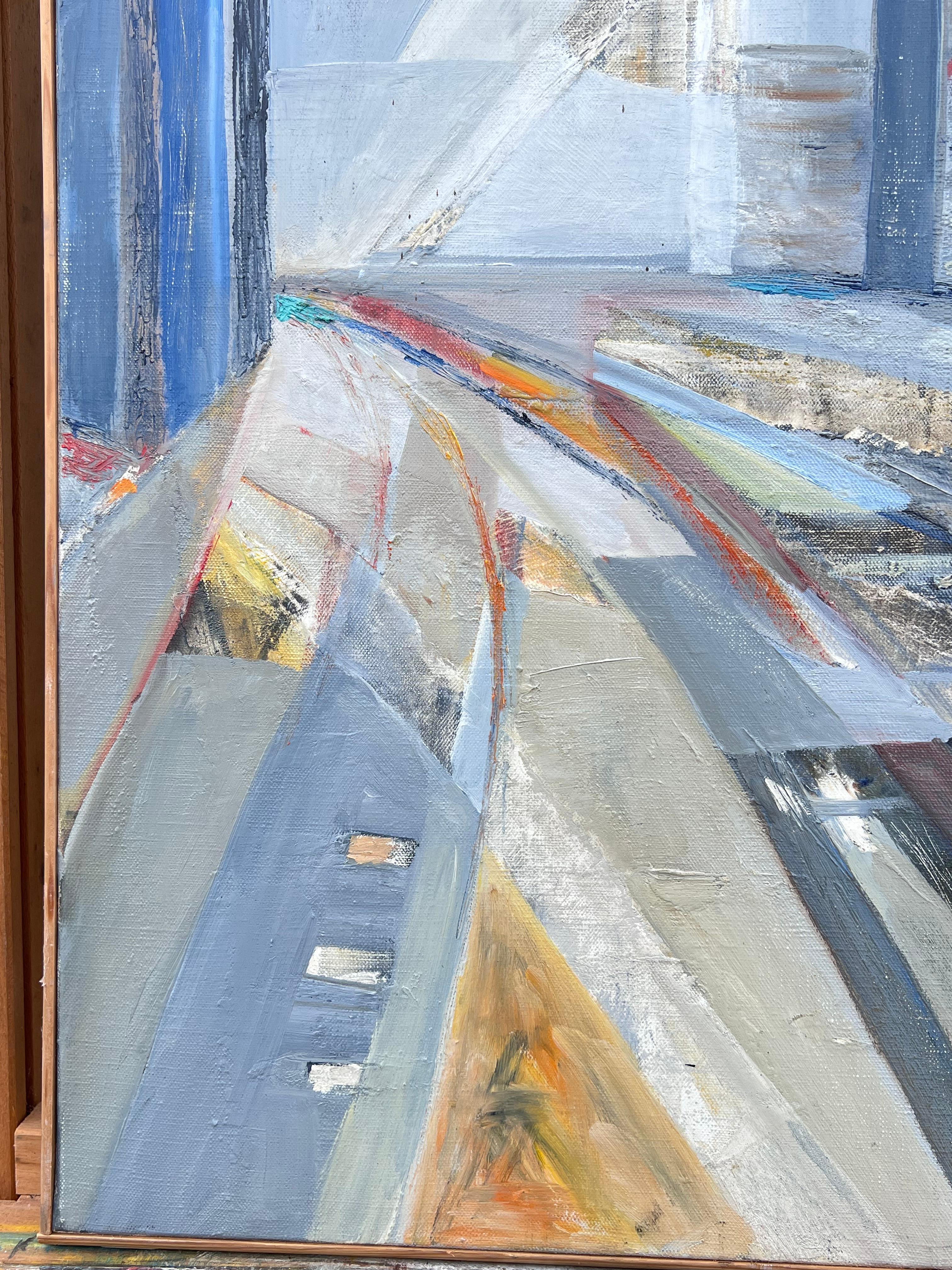 Großes französisches zeitgenössisches modernistisches abstraktes Stadtbild Futuristisches Ölgemälde (Grau), Landscape Painting, von Jacqueline Verdet (1931-2023)