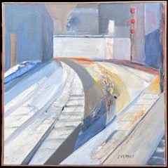 Large French Contemporary Modernist Abstract Oil Painting Urban City Scape