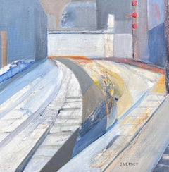 Large French Contemporary Modernist Abstract Oil Painting Urban City Scape