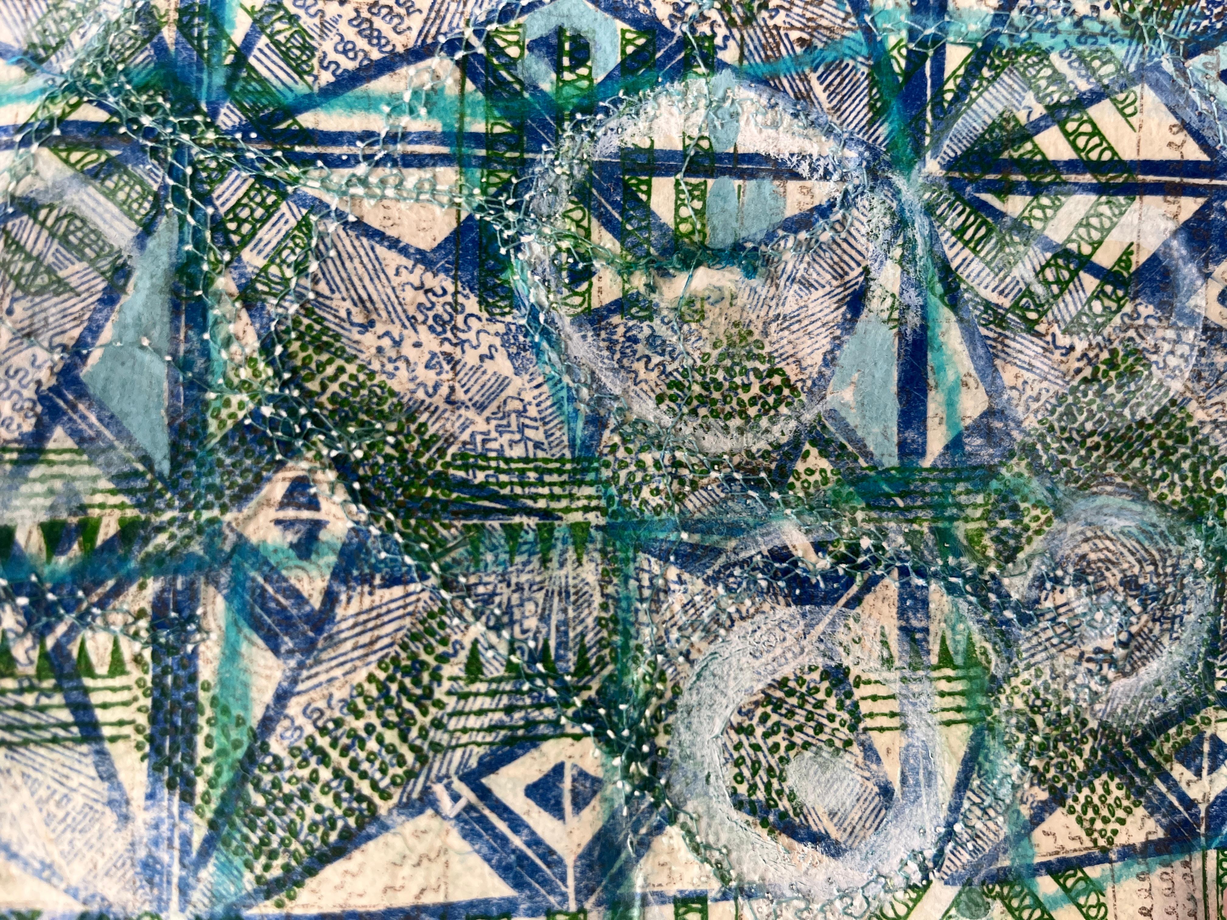 Jacquelyn Strycker
Drafts of the Invisible, 2025
risograph on handmade paper with sewing, acrylic gouache, and watercolor
8.5 x 11 in.
(Str004)

Pattern is also prominent in the lines drawn by Jacquelynn Strycker who uses them to form multiple