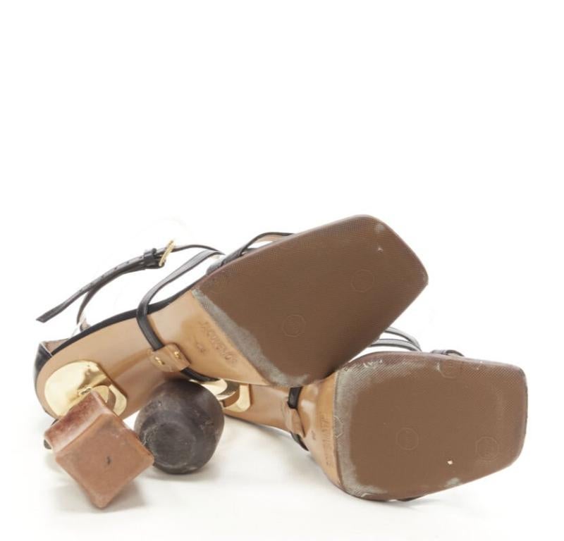 JACQUEMUS architectural wood block gold ring black strappy heel EU36 For Sale 6