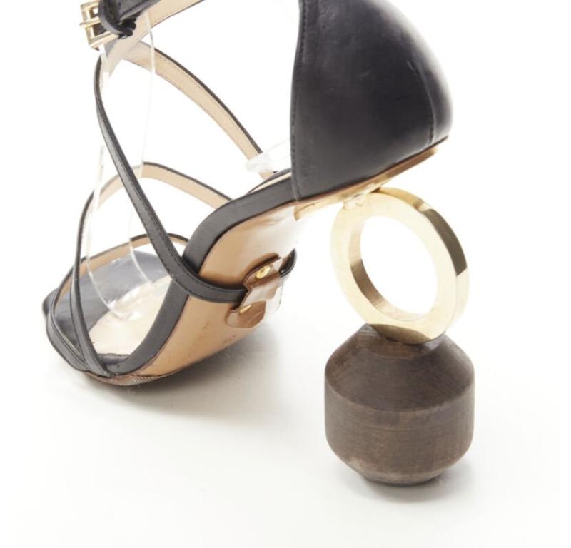 JACQUEMUS architectural wood block gold ring black strappy heel EU36 For Sale 3