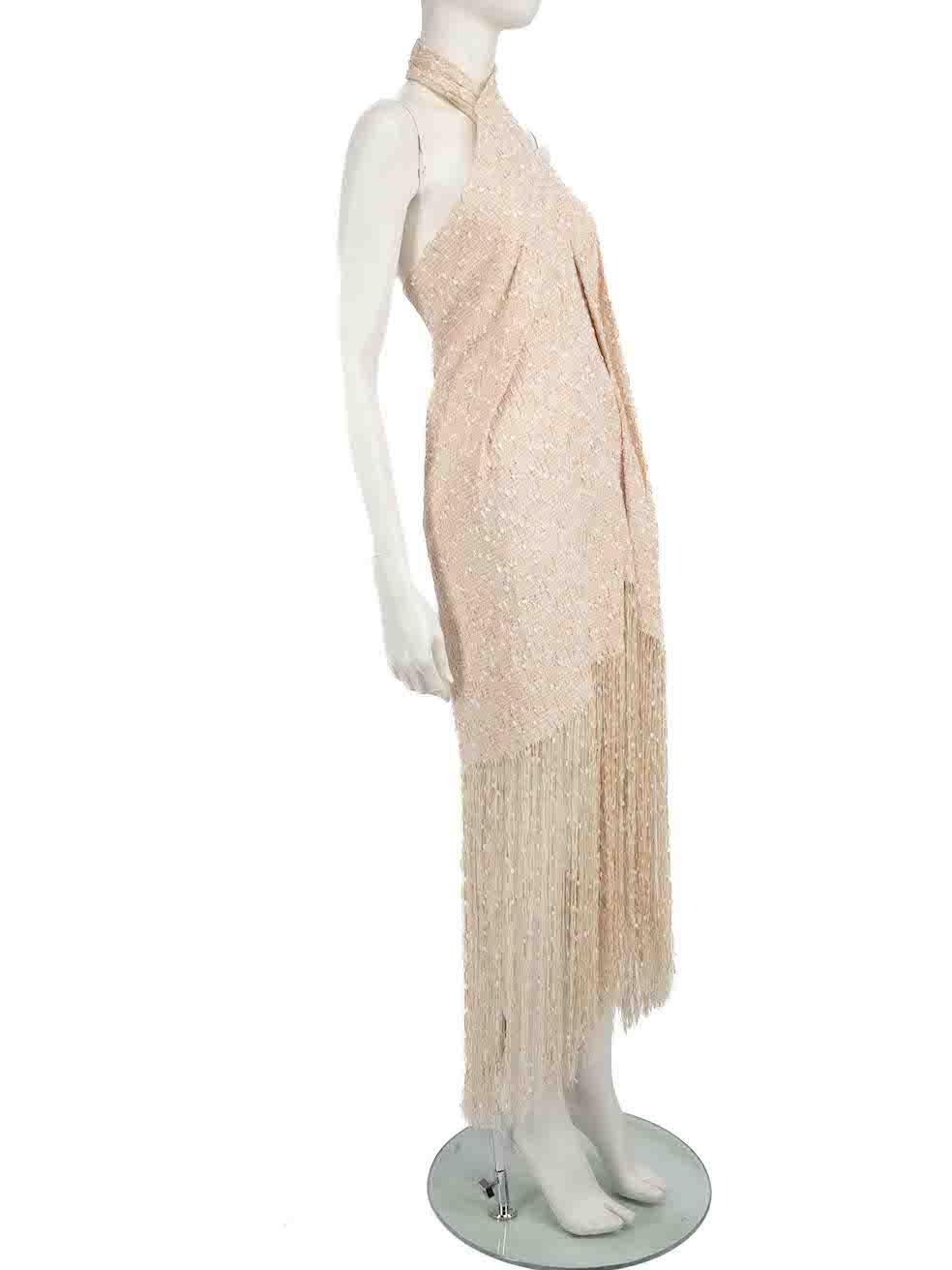 CONDITION is Very good. Hardly any visible wear to dress is evident on this used Jacquemus designer resale item.
 
 Details
 La Riviera collection
 Valoria model
 Beige
 Tweed
 Midi dress
 Halterneck
 Fringed tassel detail on hemline
 Open back
