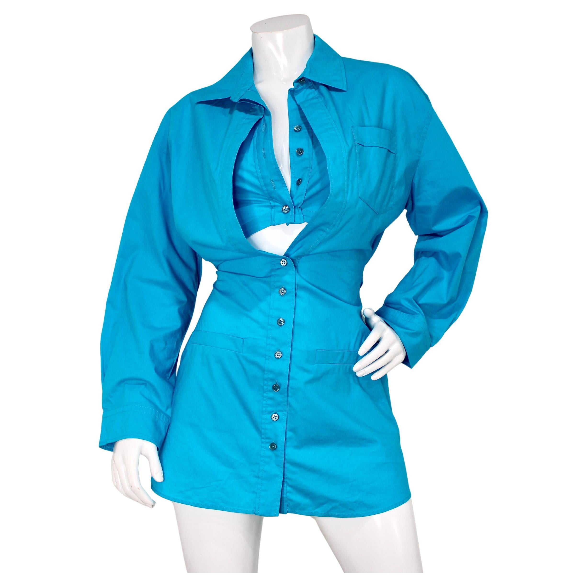 Jacquemus Blue La Robe Baunhiha Layered Cutout Mini Shirt Dress