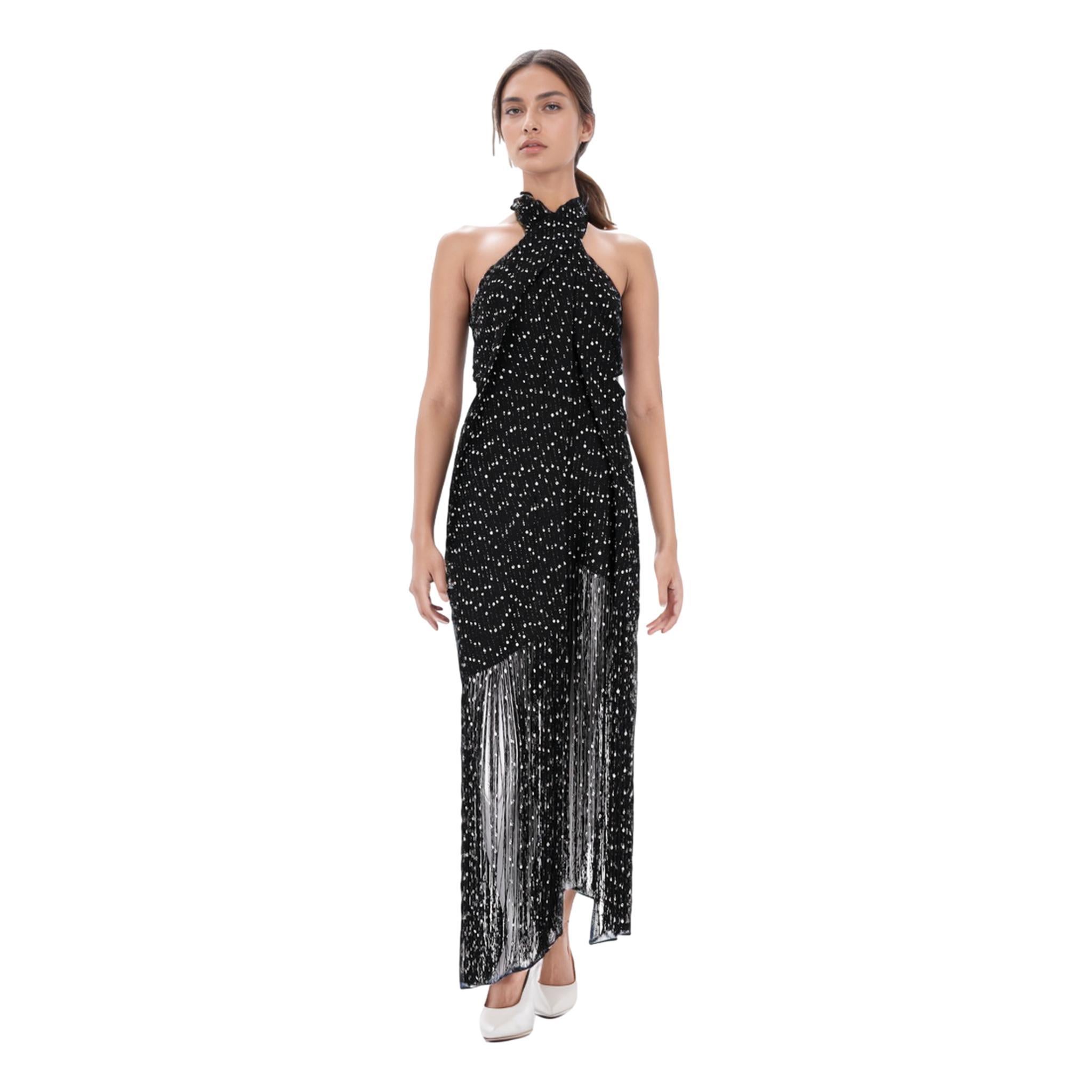 Jacquemus Haltered Fringe Knitted Dress

Black maxi dress designed with all-over knitted white balls pattern.

Featuring cross-over halter neck and fringed skirt.

Detailed with open back and button closure to rear. Rrp £900

Size – 34FR

Condition