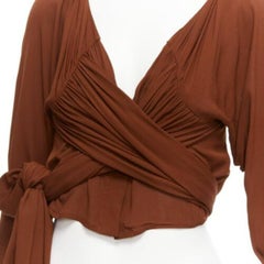 JACQUEMUS La Bomba brown viscose silky tie wrap crop shirt FR38 M