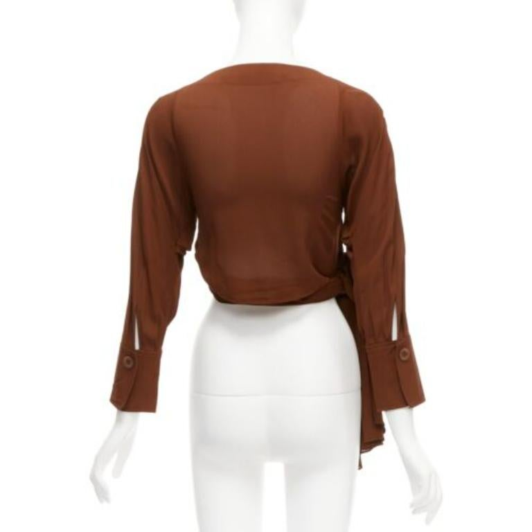 Women's JACQUEMUS La Bomba brown viscose silky tie wrap crop shirt FR38 M For Sale