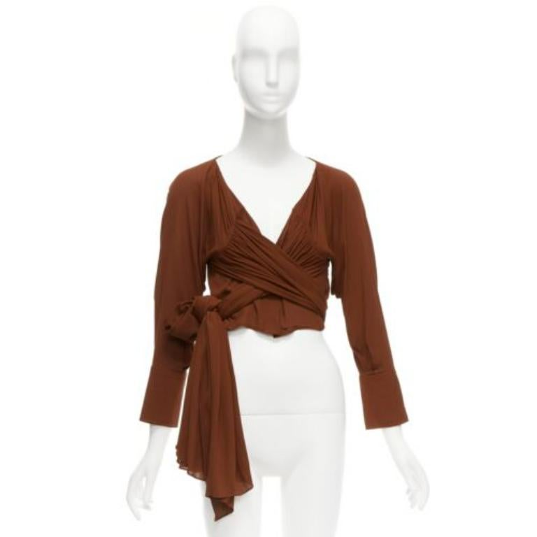 JACQUEMUS La Bomba brown viscose silky tie wrap crop shirt FR38 M For Sale 4