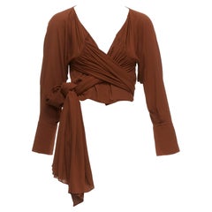 JACQUEMUS La Bomba brown viscose silky tie wrap crop shirt FR38 M