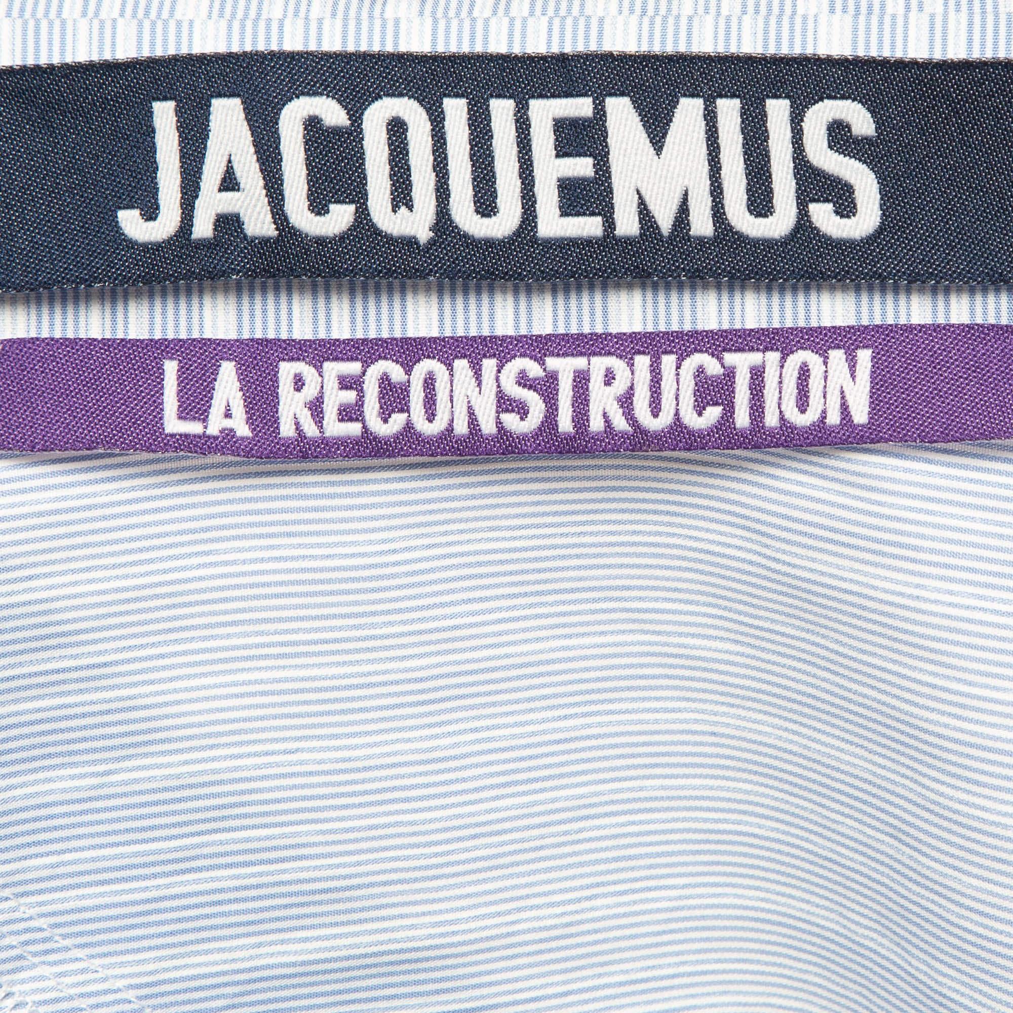 Jacquemus La Reconstruction Blue Stripe Patterned Cotton Ruched Mini Dress M In Good Condition In Dubai, Al Qouz 2