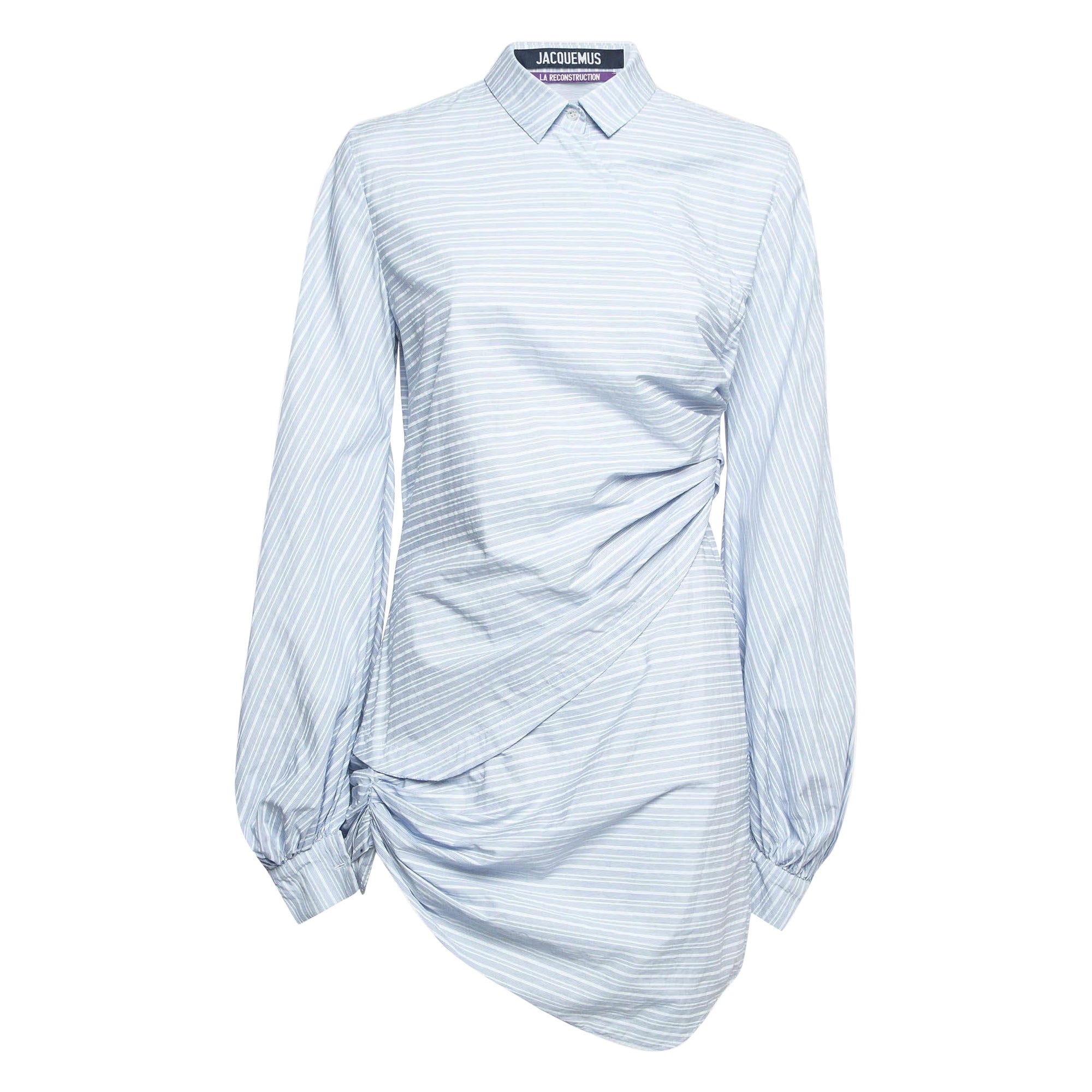 Jacquemus La Reconstruction Blue Stripe Patterned Cotton Ruched Mini Dress M