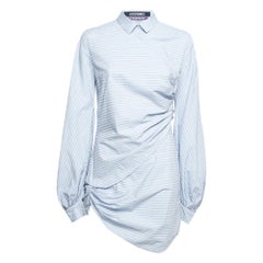 Jacquemus La Reconstruction Blue Stripe Patterned Cotton Ruched Mini Dress M