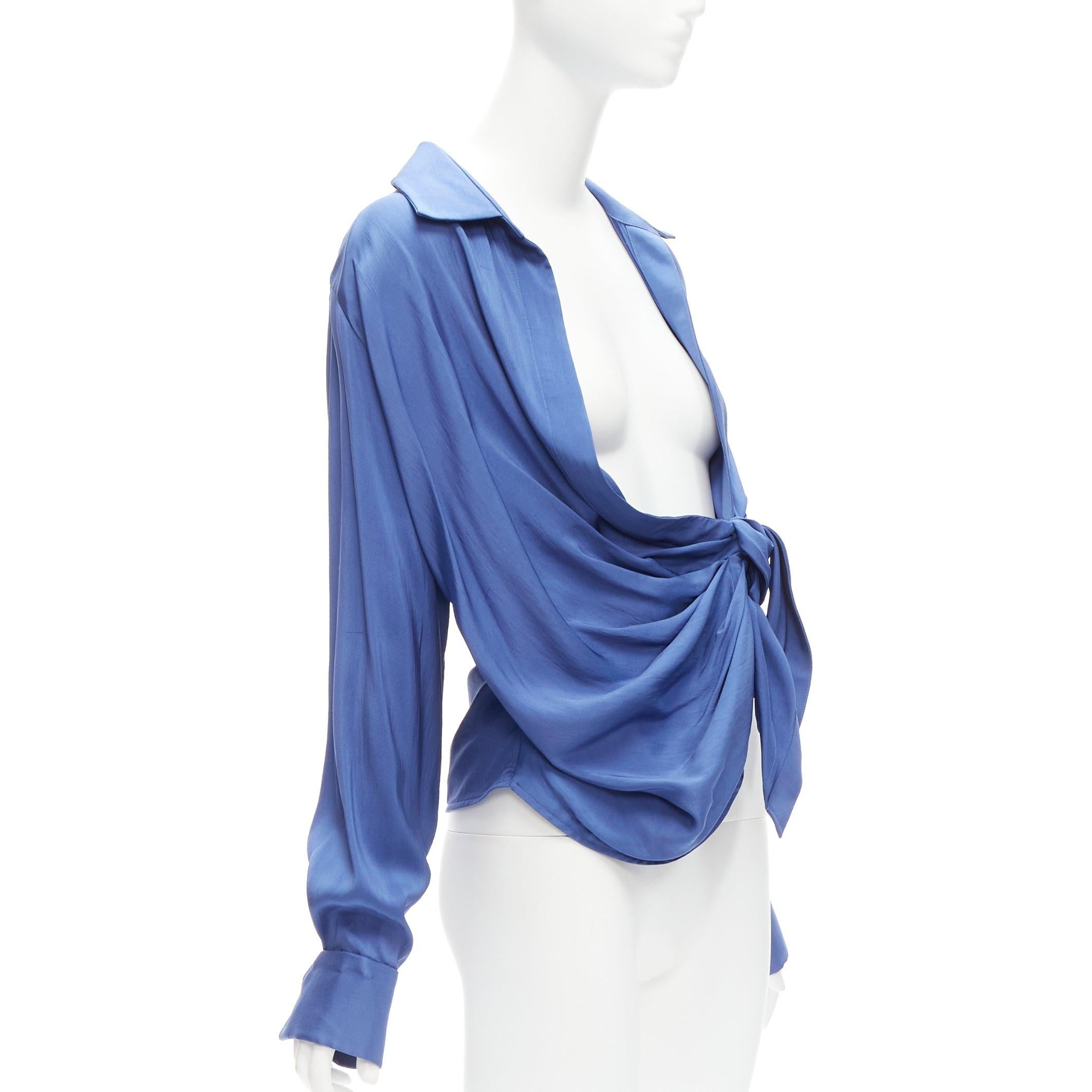 Blue JACQUEMUS Le Collectionneuse blue plunge knot drape asymmetric blouse FR34 XS For Sale