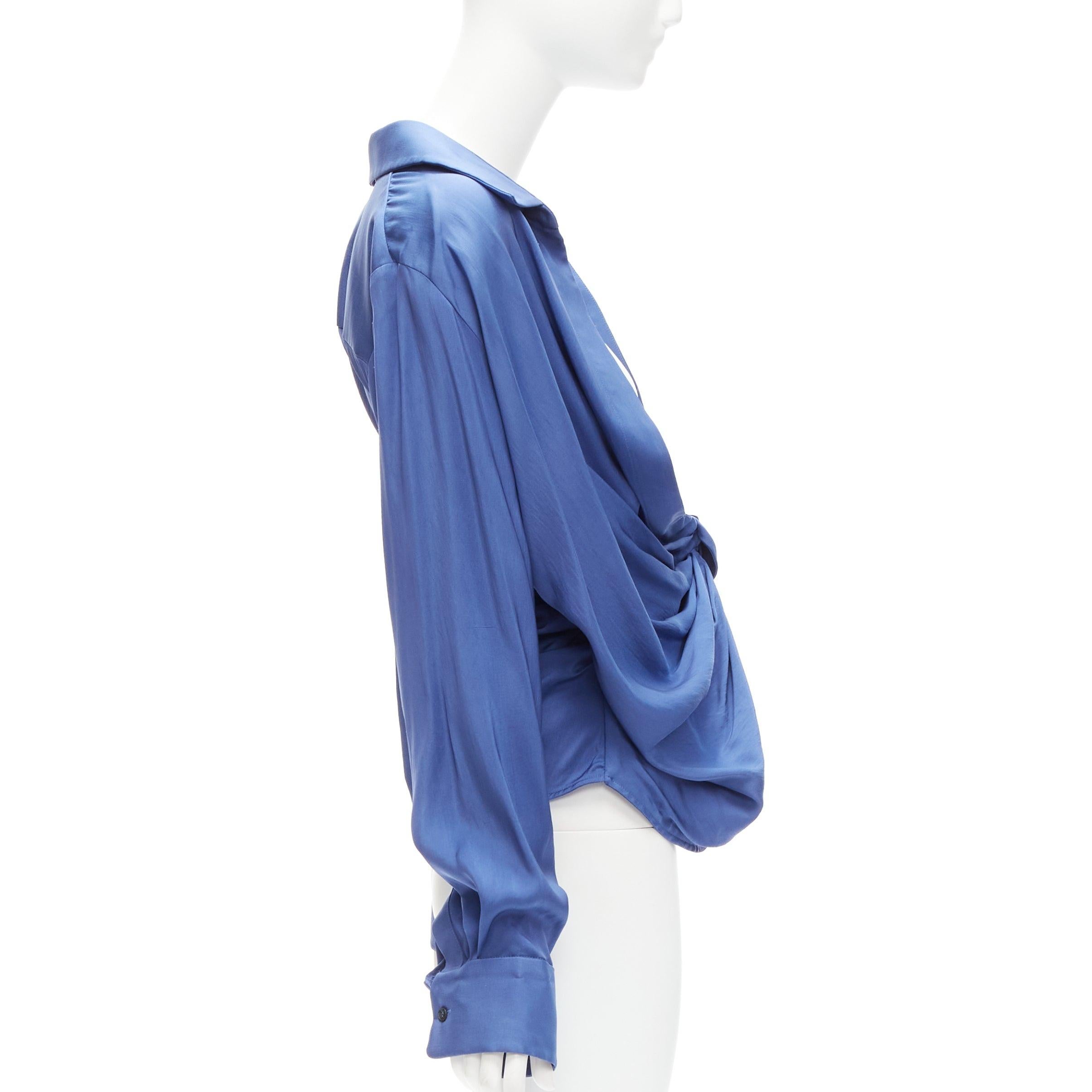 JACQUEMUS Le Collectionneuse blue plunge knot drape asymmetric blouse FR34 XS In Good Condition For Sale In Hong Kong, NT