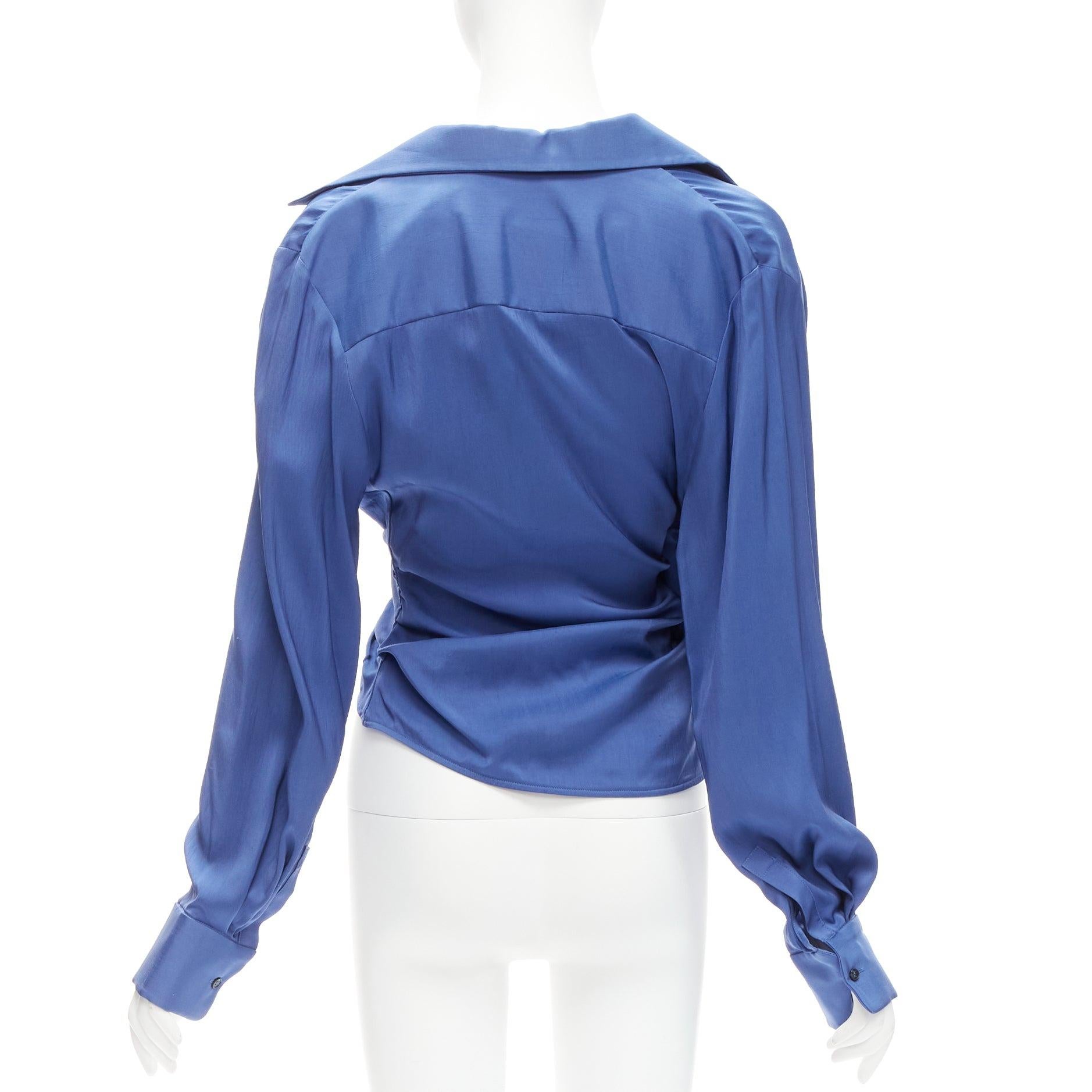 Women's JACQUEMUS Le Collectionneuse blue plunge knot drape asymmetric blouse FR34 XS For Sale