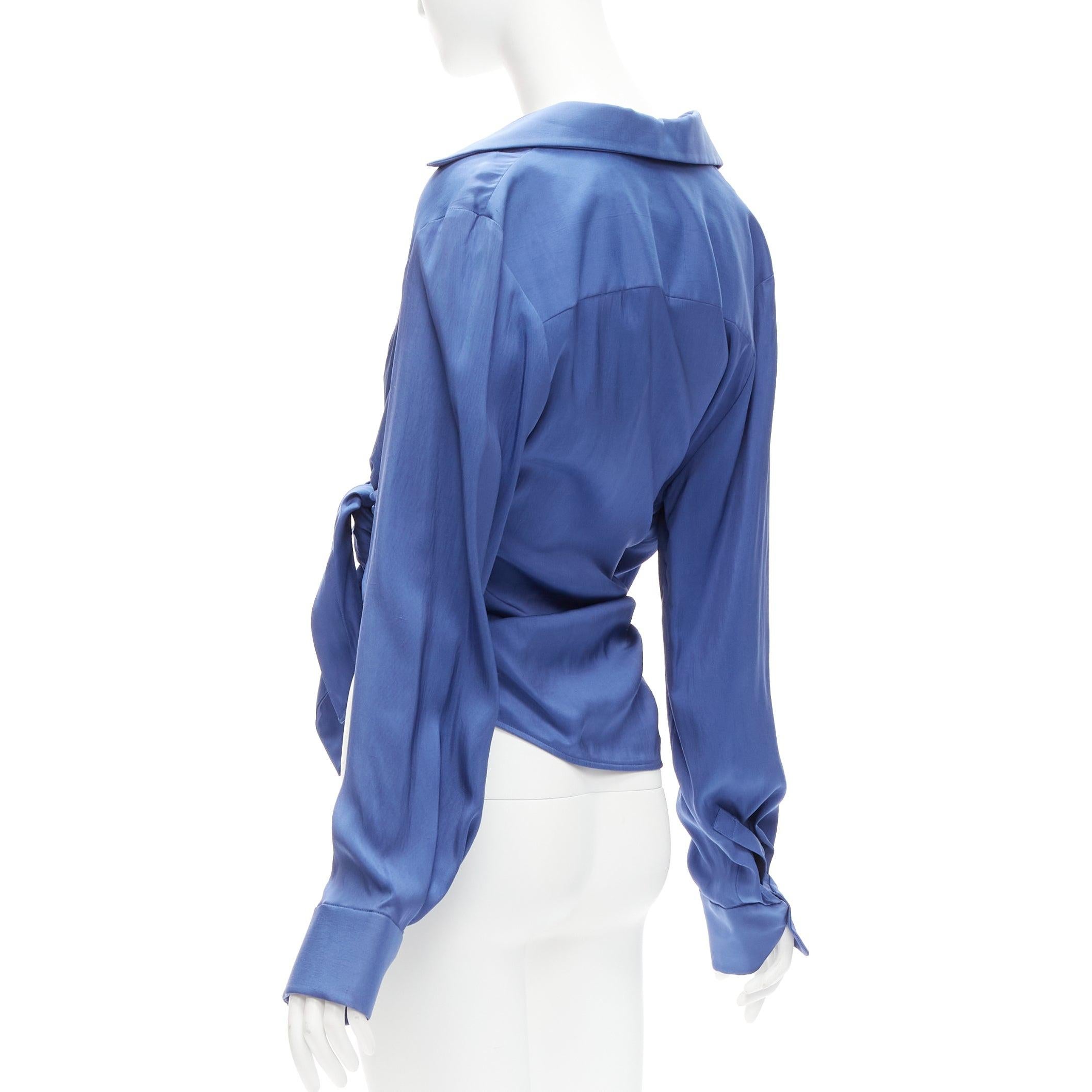 JACQUEMUS Le Collectionneuse blue plunge knot drape asymmetric blouse FR34 XS For Sale 1
