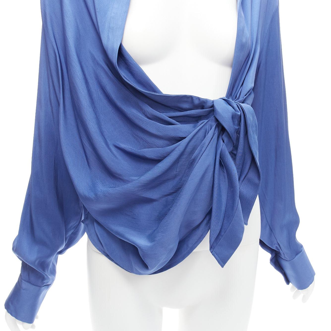 JACQUEMUS Le Collectionneuse blue plunge knot drape asymmetric blouse FR34 XS For Sale 2