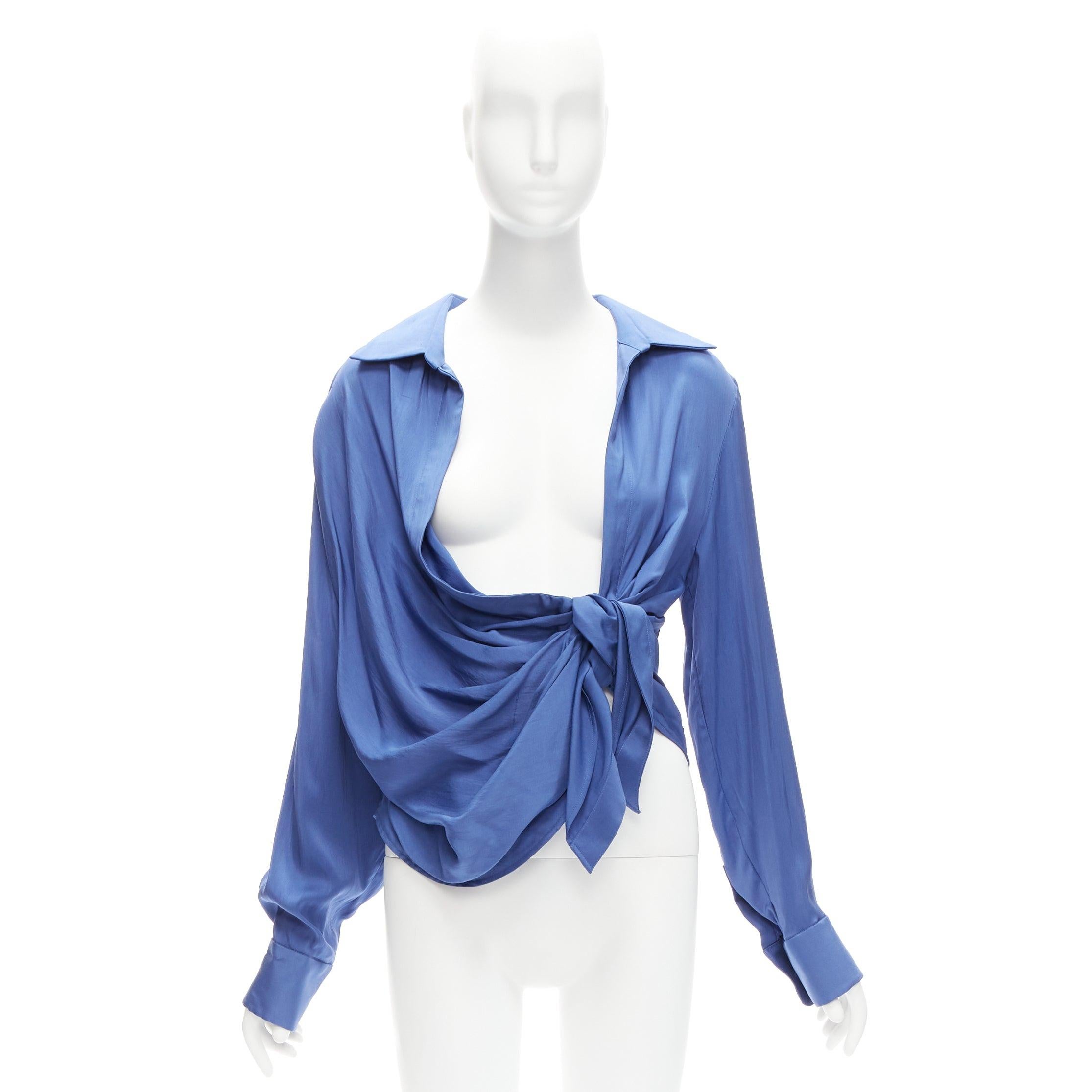 JACQUEMUS Le Collectionneuse blue plunge knot drape asymmetric blouse FR34 XS For Sale 4