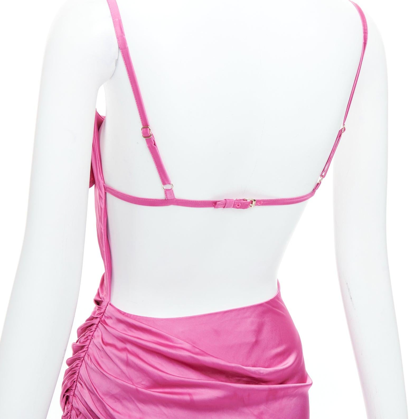 Pink JACQUEMUS Le Splash Saudade pink satin ruched asymmetric strappy dress FR34 XS For Sale