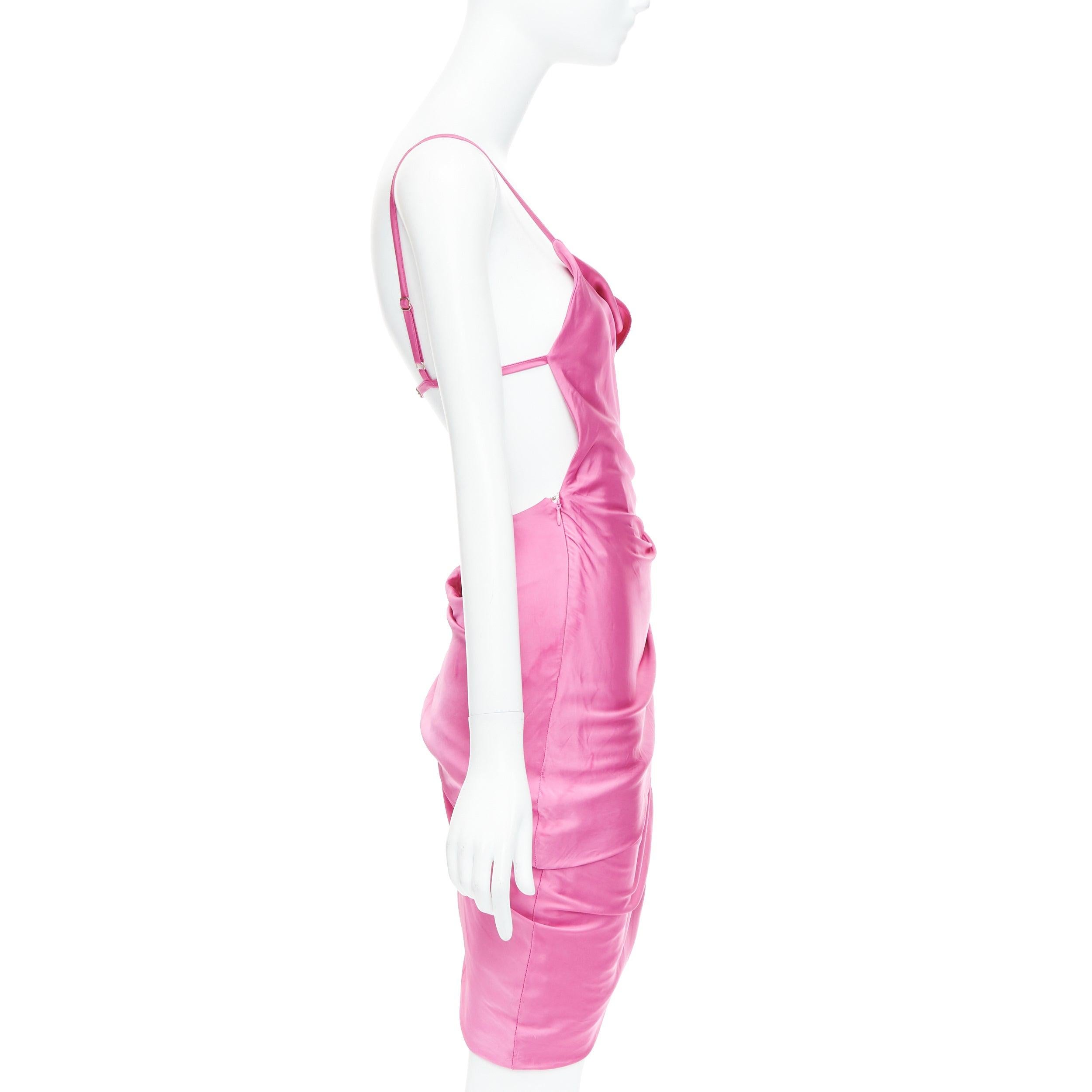 JACQUEMUS Le Splash Saudade pink satin ruched asymmetric strappy dress FR34 XS In Good Condition For Sale In Hong Kong, NT