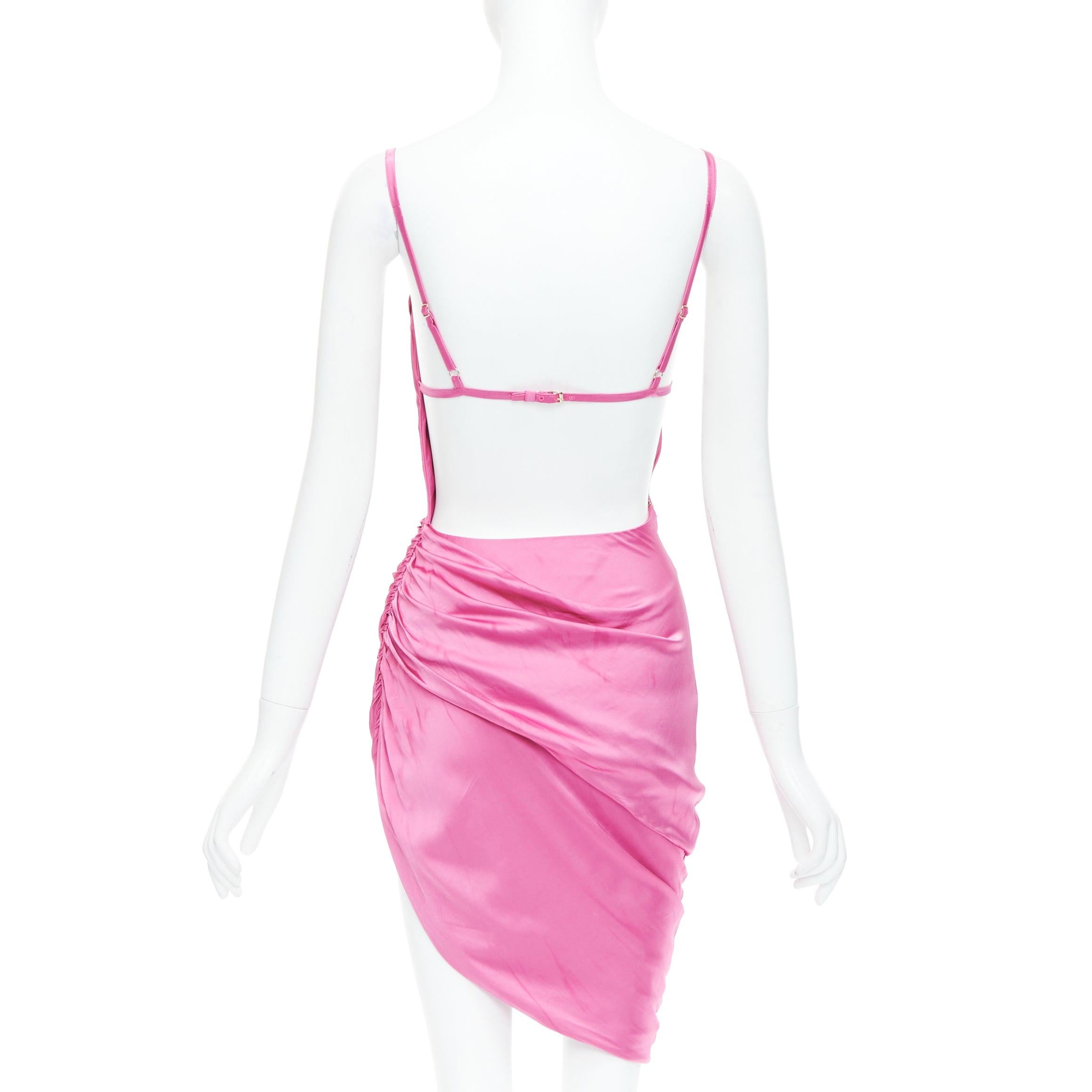 Women's JACQUEMUS Le Splash Saudade pink satin ruched asymmetric strappy dress FR34 XS For Sale