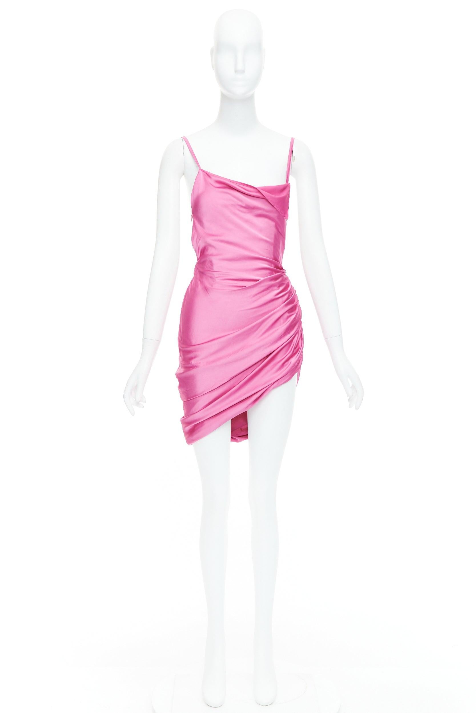 JACQUEMUS Le Splash Saudade pink satin ruched asymmetric strappy dress FR34 XS For Sale 4