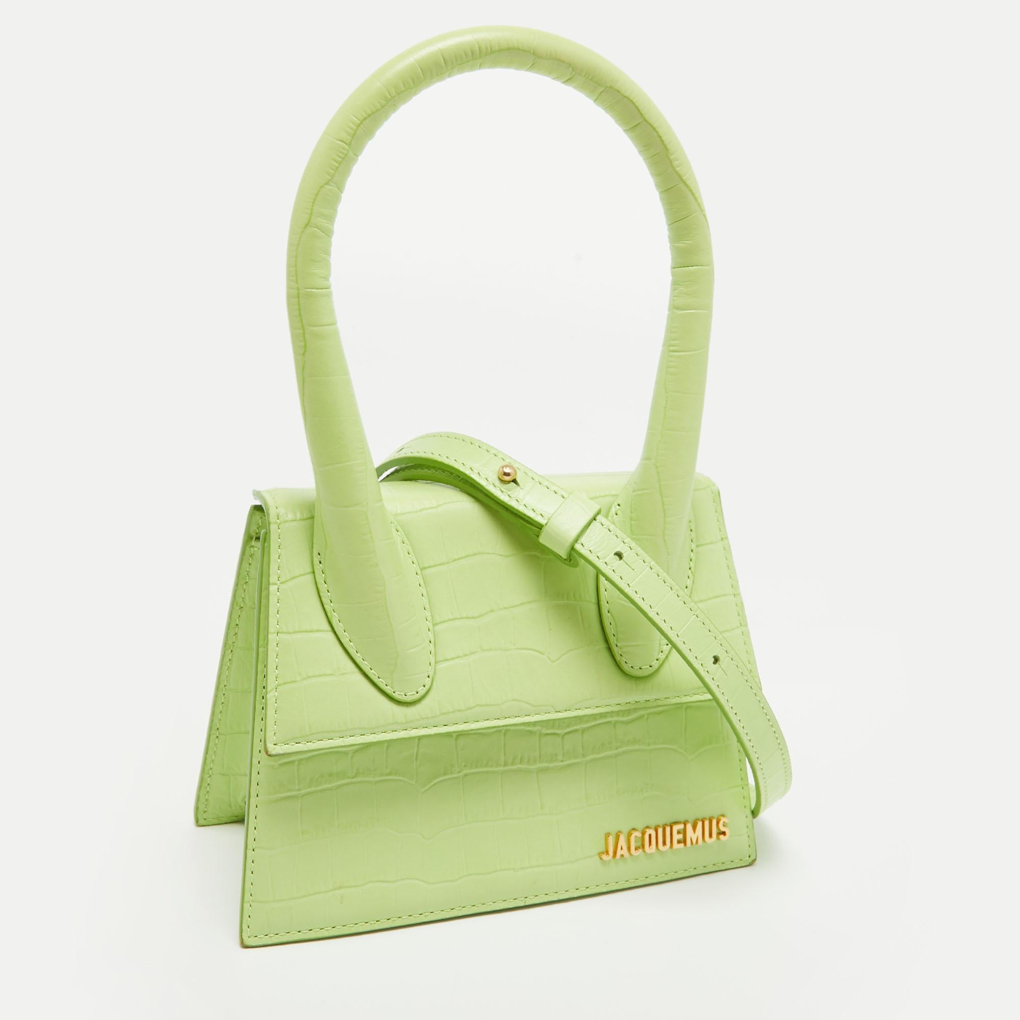 Jacquemus Light Green Croc Embossed Leather Le Chiquito Noeud Top Handle Bag 5