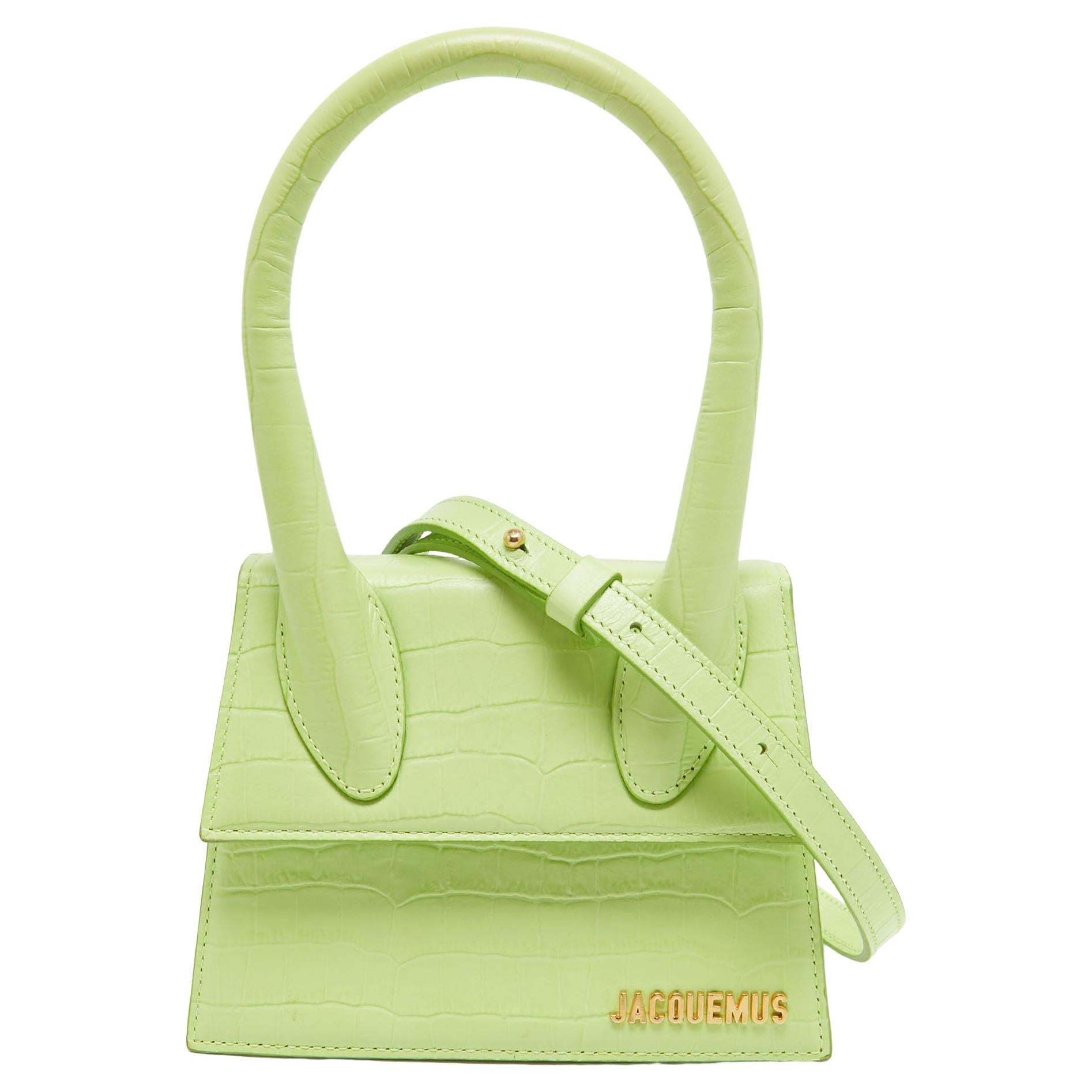Jacquemus Light Green Croc Embossed Leather Le Chiquito Noeud Top Handle Bag