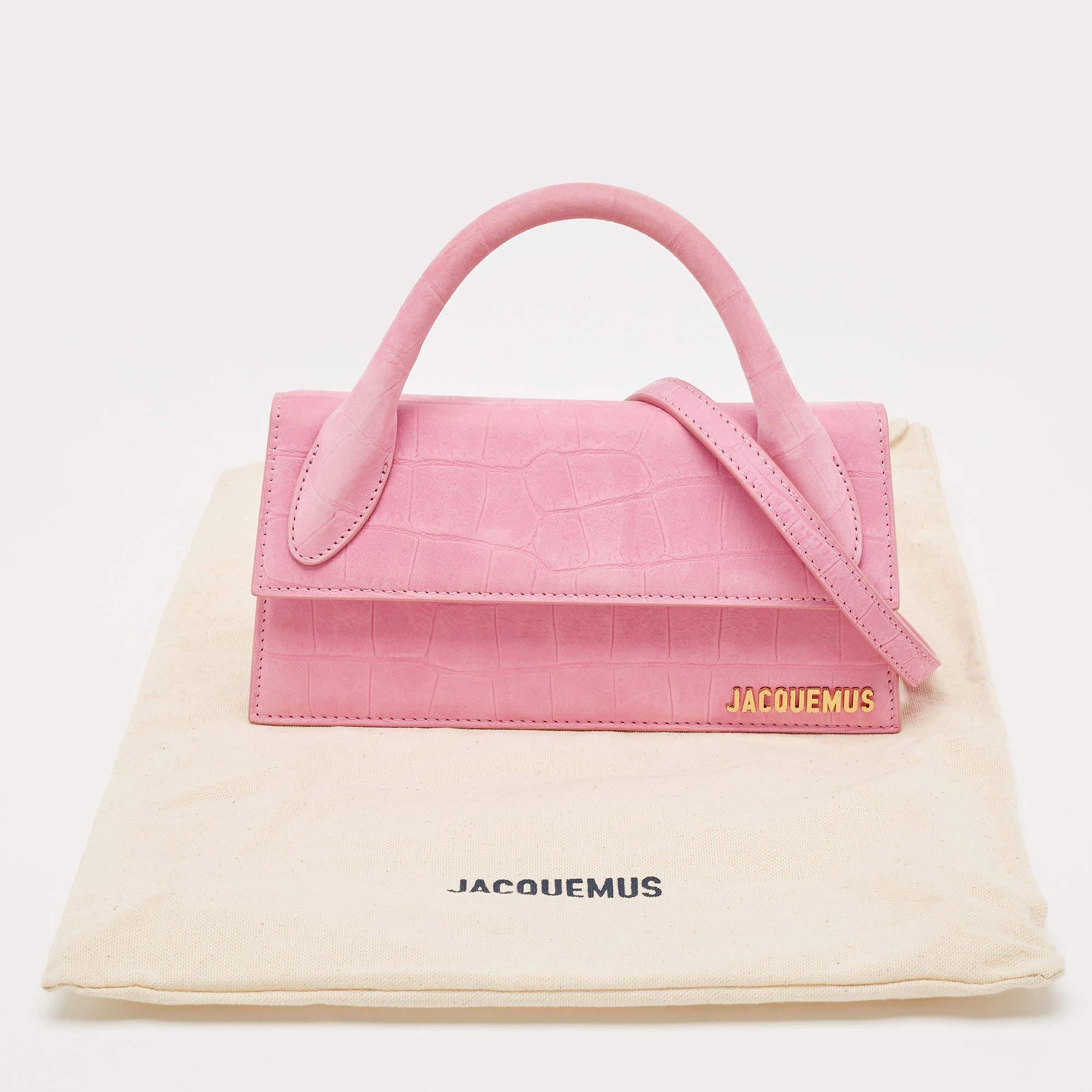 Jacquemus Light Pink Croc Embossed Nubuck Leather Long Le Chiquito Top Handle Ba 9