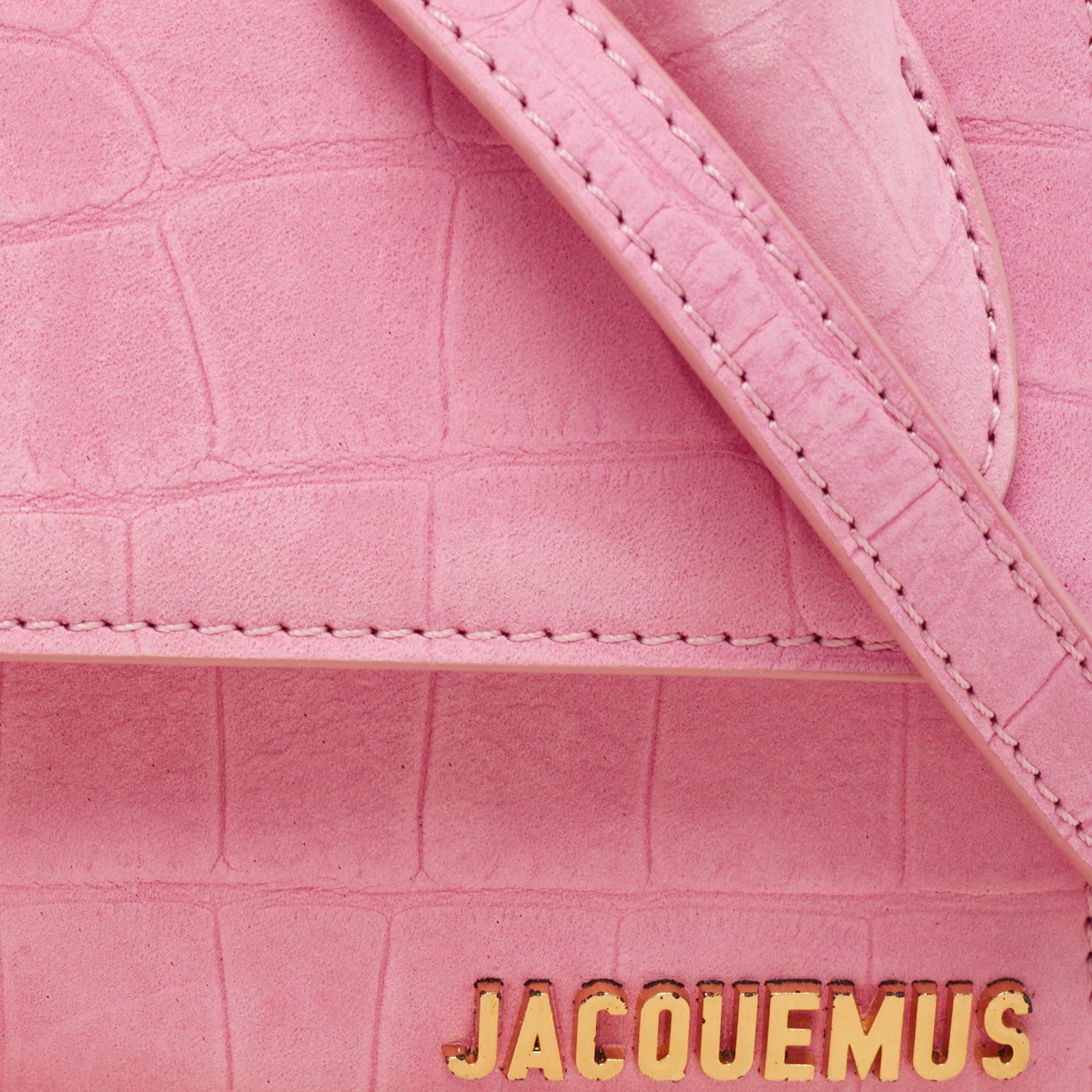 Jacquemus Light Pink Croc Embossed Nubuck Leather Long Le Chiquito Top Handle Ba 5