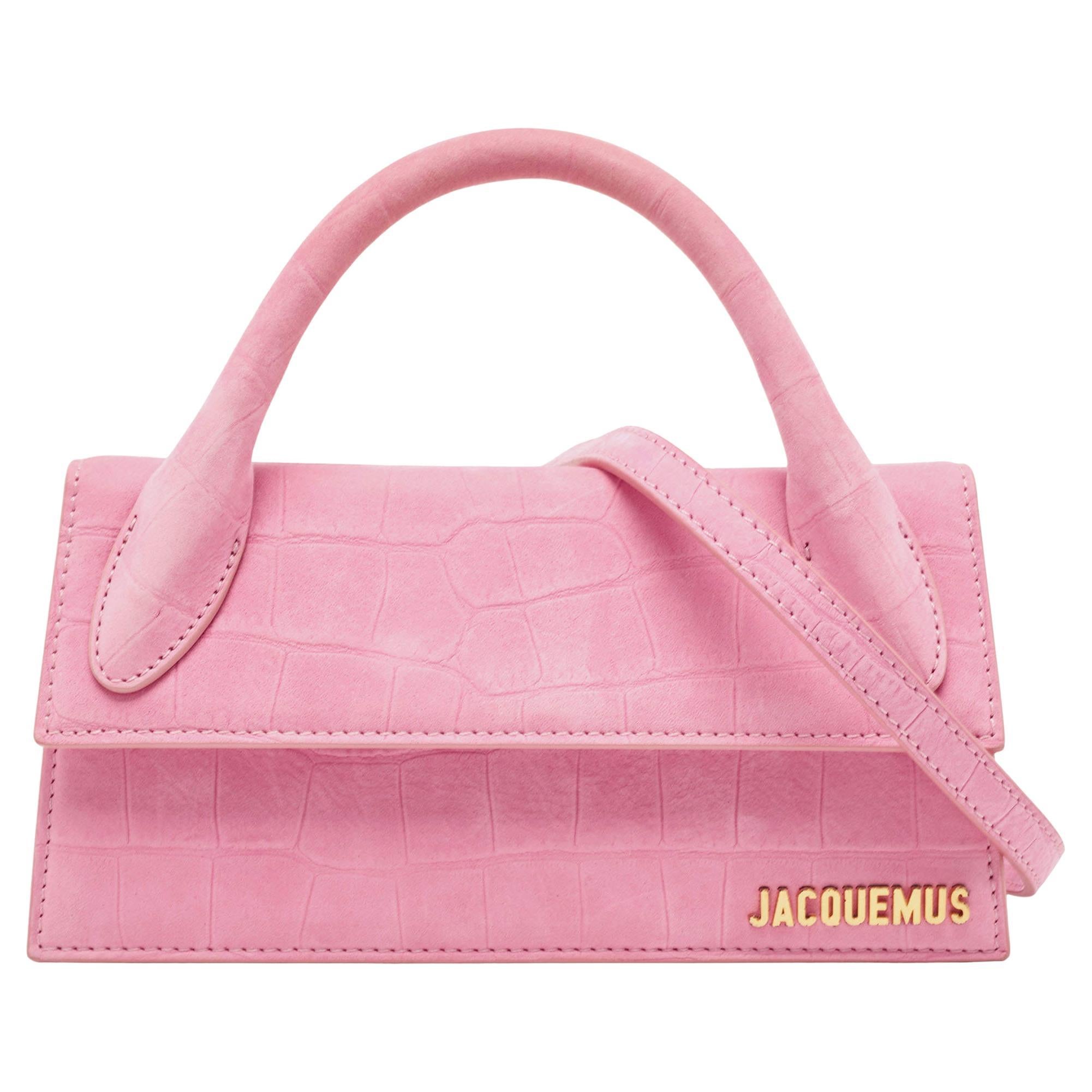 Jacquemus Light Pink Croc Embossed Nubuck Leather Long Le Chiquito Top Handle Ba