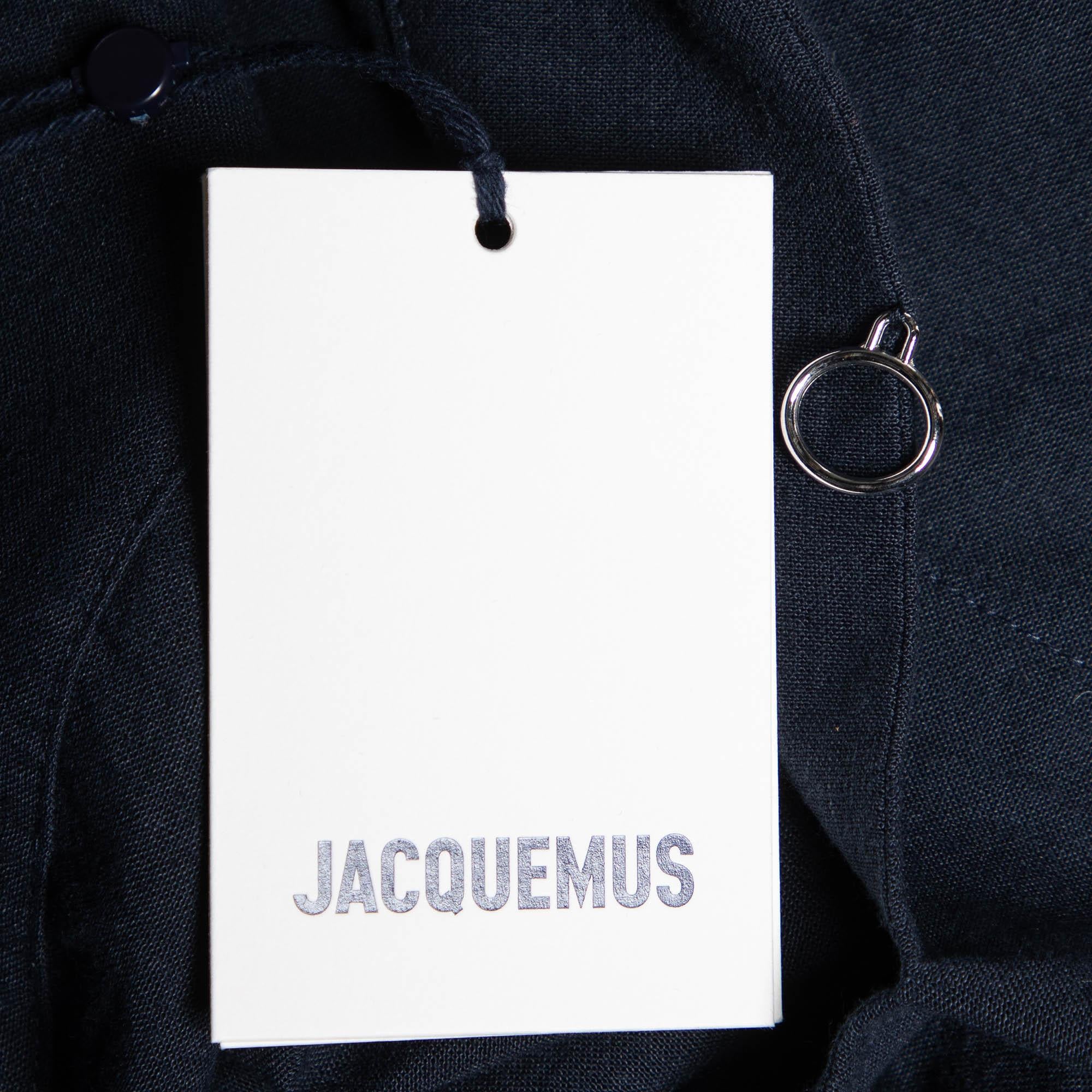 Jacquemus Navy Blue Linen & Cotton Le Haut Bebi Crop Top S In New Condition For Sale In Dubai, Al Qouz 2