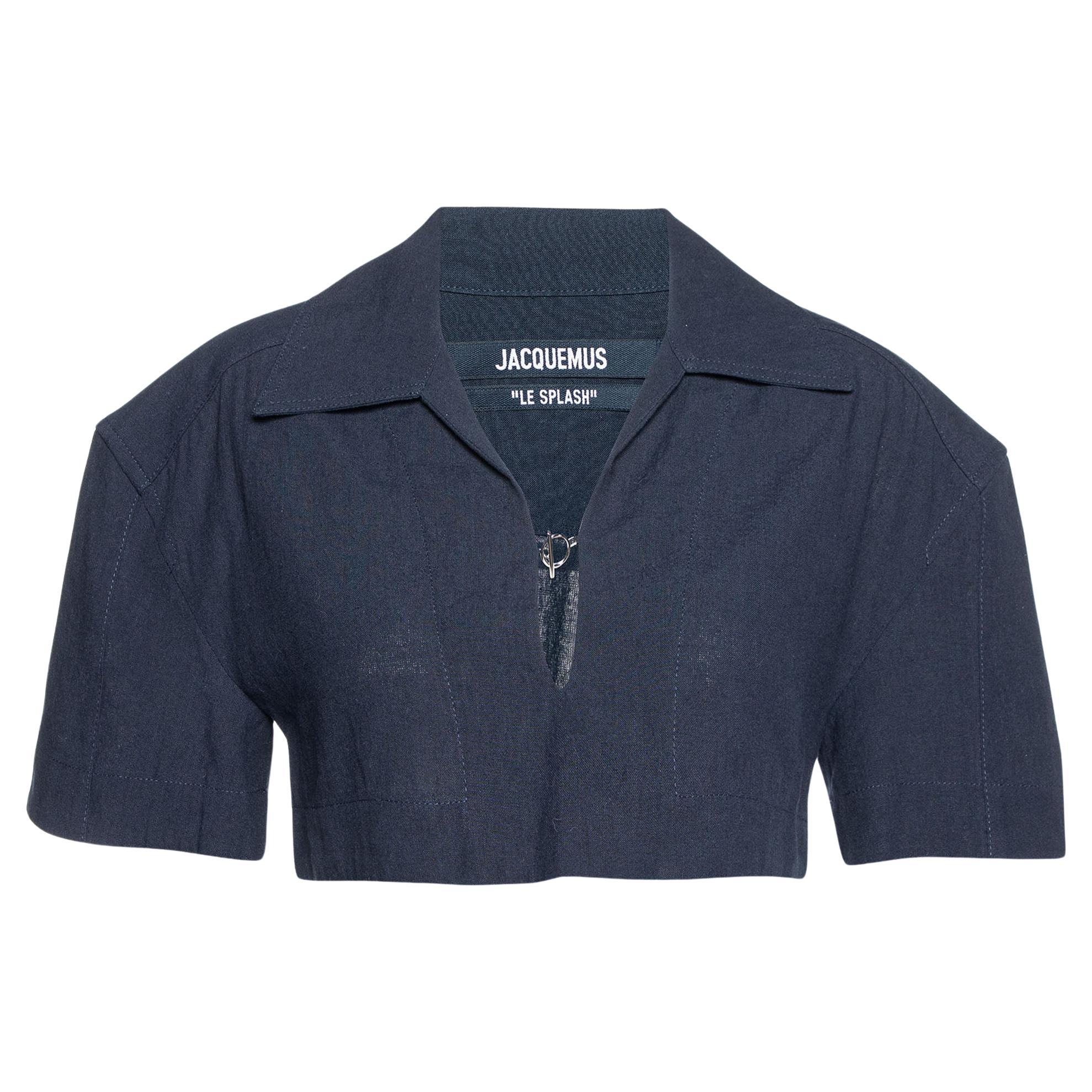 Jacquemus Navy Blue Linen & Cotton Le Haut Bebi Crop Top S For Sale