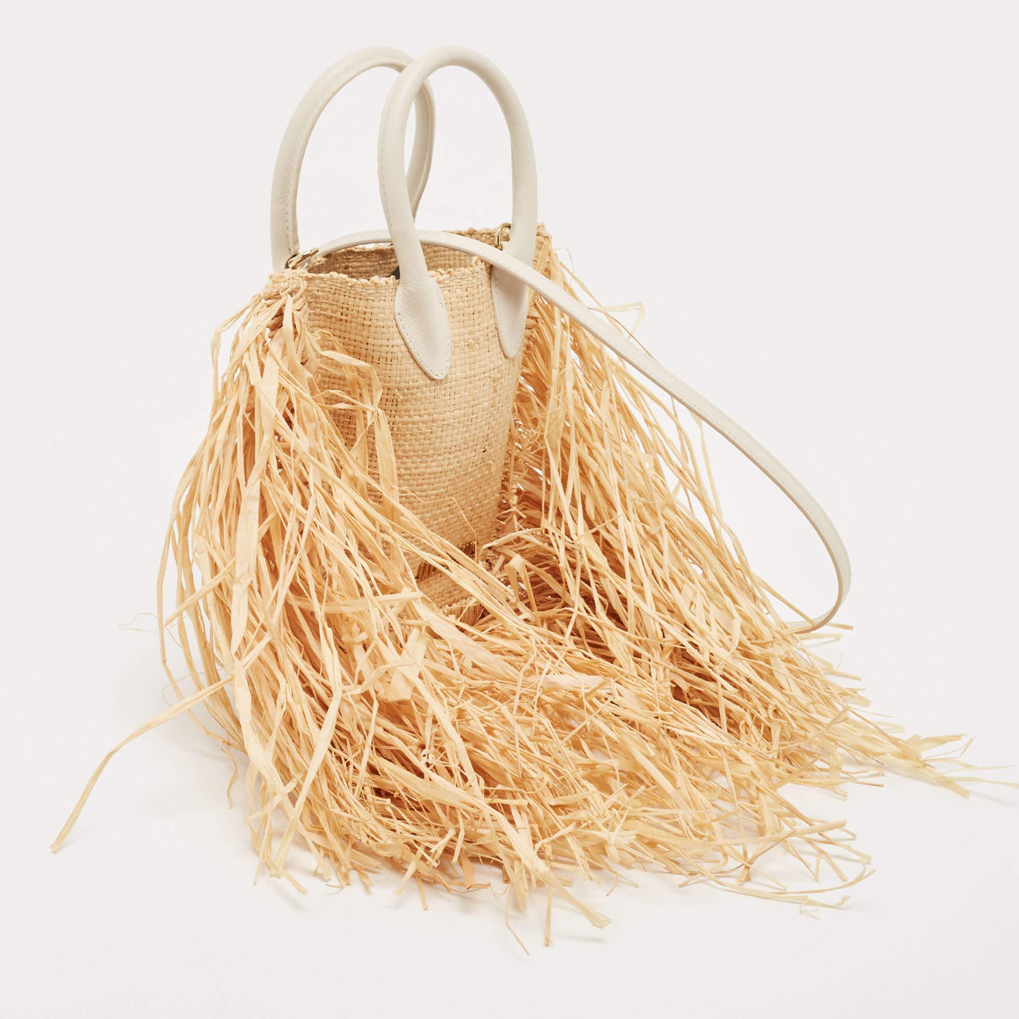Women's Jacquemus Off White/Natural Straw and Leather Let Petite Baci Tote