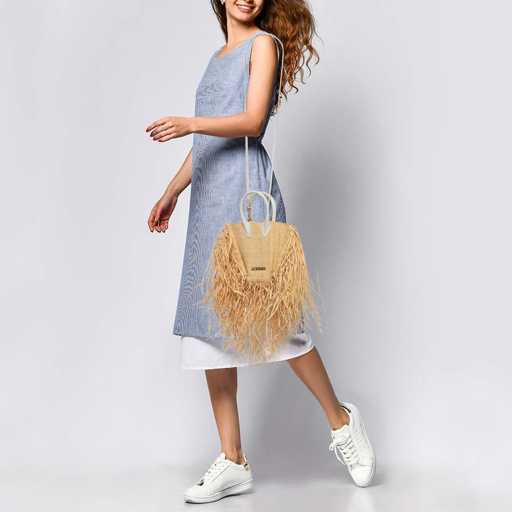 Jacquemus Off White/Natural Straw and Leather Let Petite Baci Tote 1