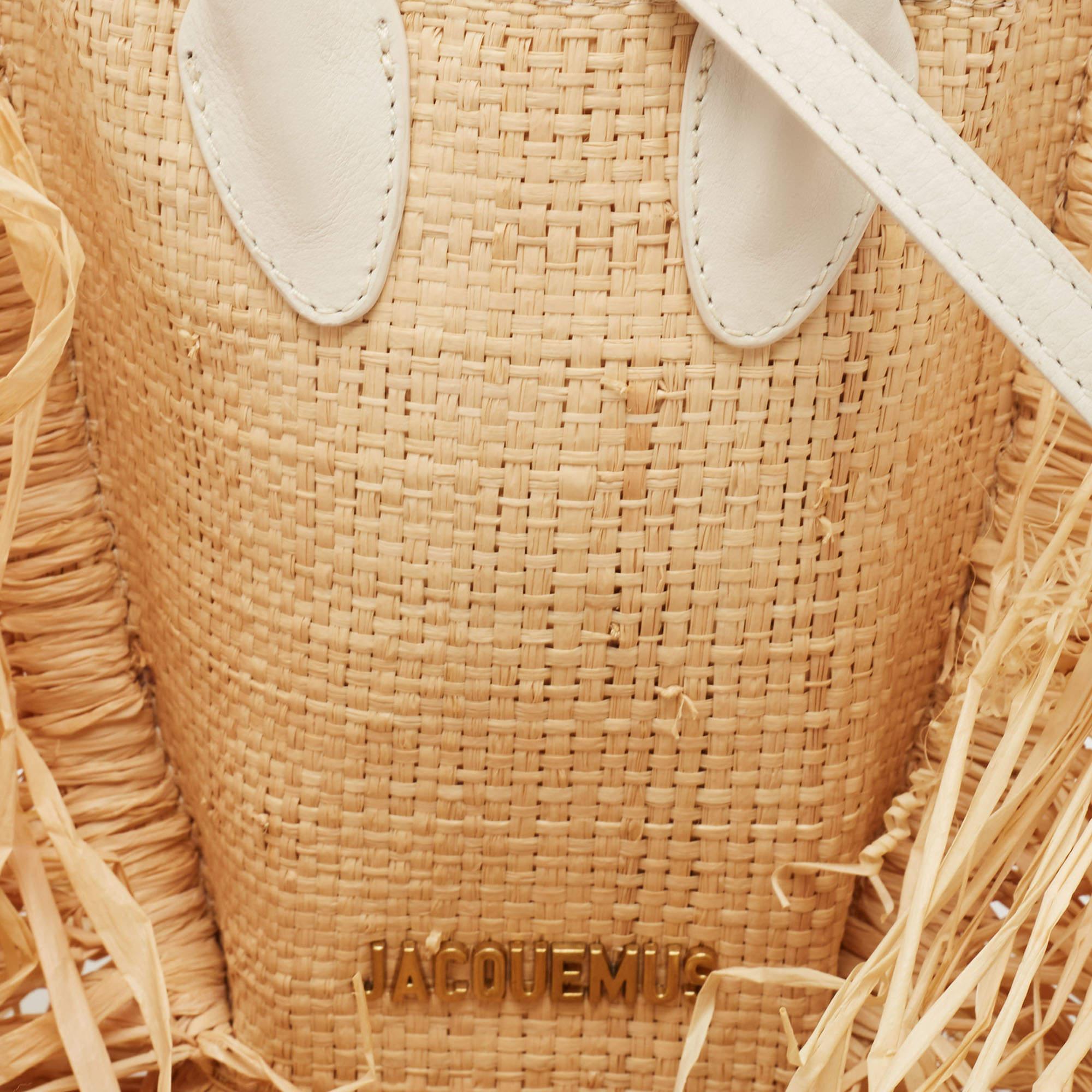 Jacquemus Off White/Natural Straw and Leather Let Petite Baci Tote 4