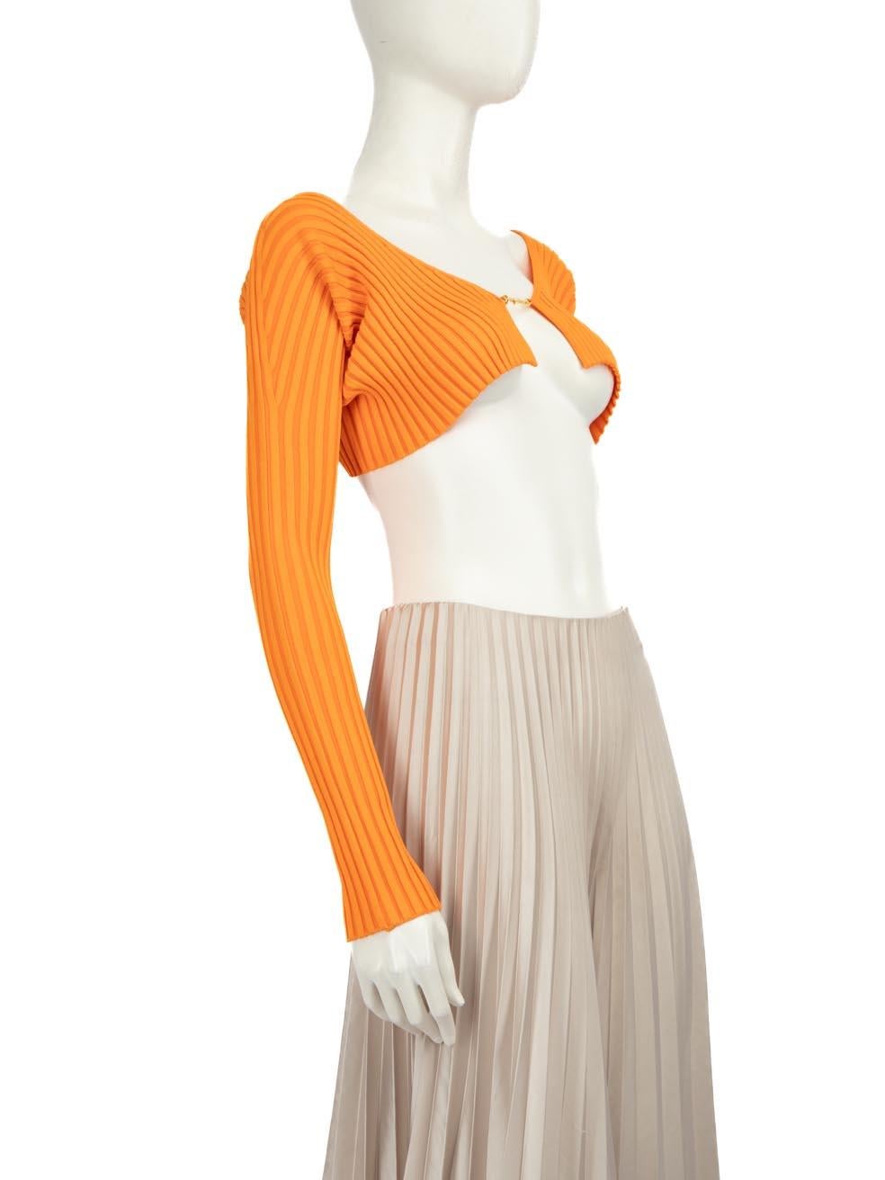 CONDITION is Very good. Minimal wear to the top is evident, there is a pull to the weave on the front and the back left sleeve of this used Jacquemus designer resale item.
  
  Details
  
  
  Model: La Maille Pral√π
  
  Orange 
  
  Viscose 
  
 