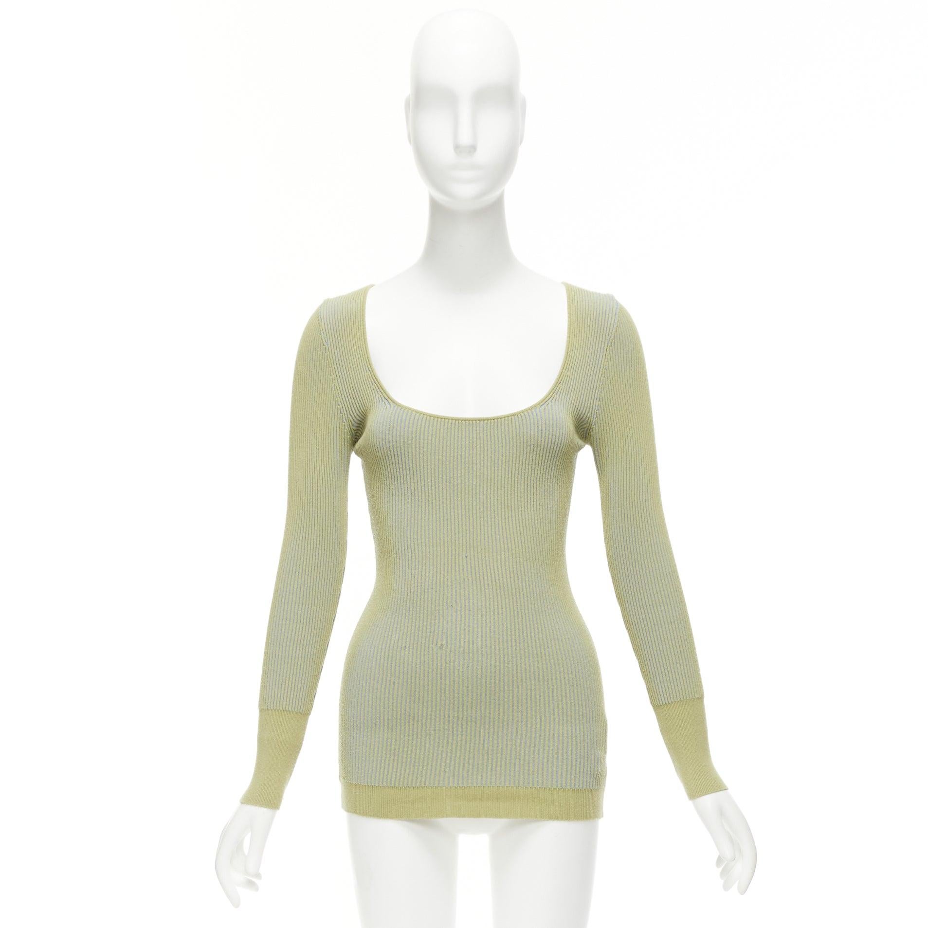 JACQUEMUS Rosa green blue ribbed scoop neck fitted long sleeve top FR40 L For Sale 7