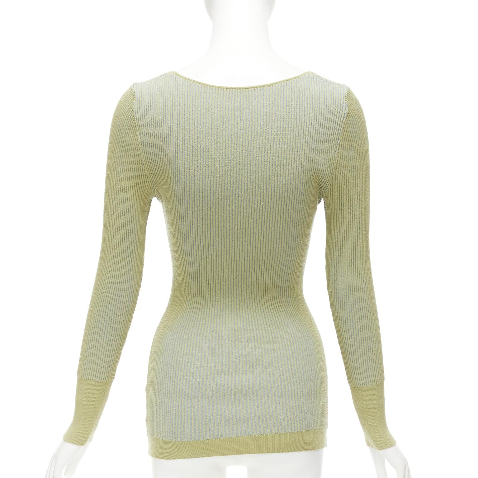 JACQUEMUS Rosa green blue ribbed scoop neck fitted long sleeve top FR40 L For Sale 1