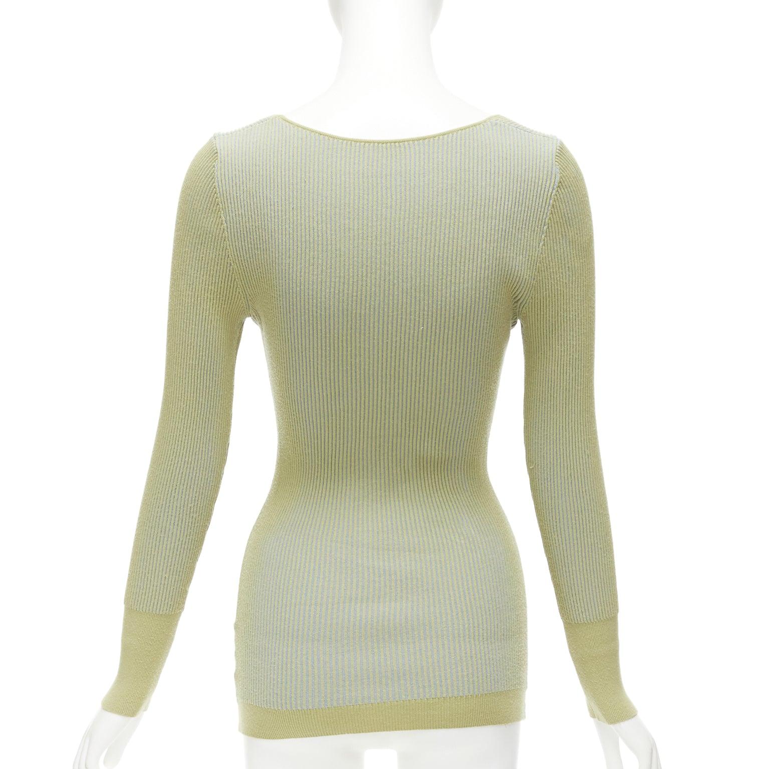 Women's JACQUEMUS Rosa green blue ribbed scoop neck fitted long sleeve top FR40 L For Sale